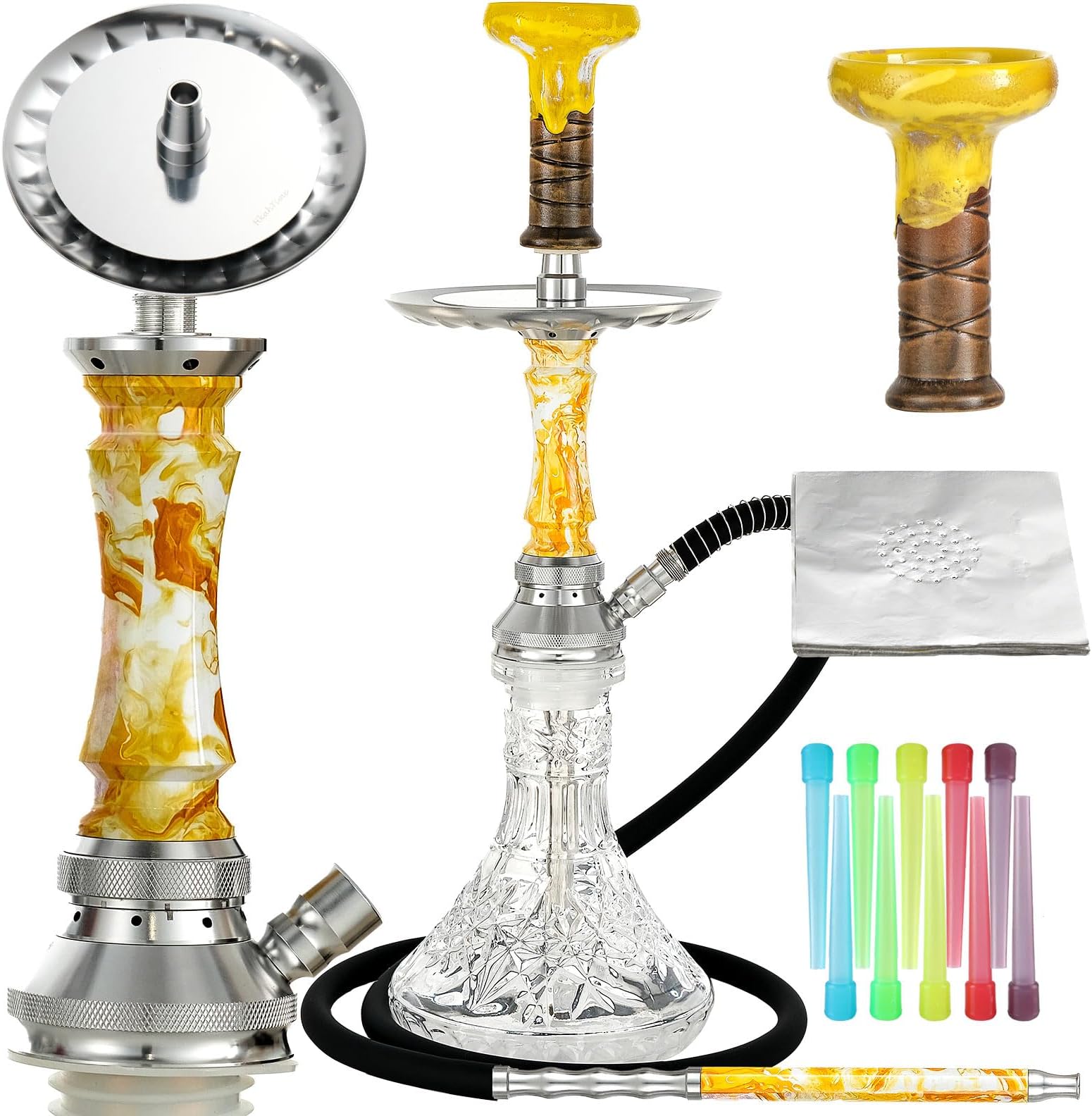 Multifunction Hookah Set with Complete Hookah Accessories Set—Upgraded Silicone Hookah Hose Ceramic Bowl Glass Vase Pre-punched Holes Foils,Upgraded Aluminum alloy Shisha Hookah Set(Gold)