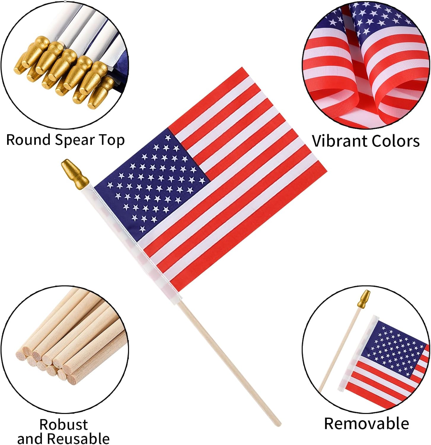 300pcs Small American Flags on Stick, Handheld 4 x 6 Inchs Mini American Flags with Kid-Safe Golden Spear Top, US Flags for 4th of July Decorations Outdoor, Independence Day Decorations