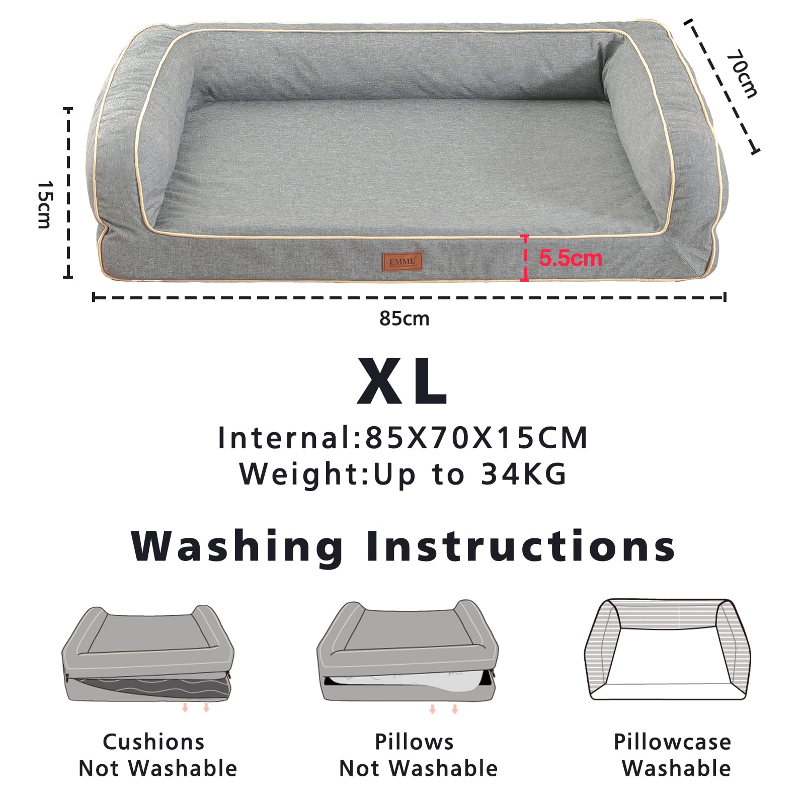 EMME Sofá cama para mascotas, cama ortopédica lavable para mascotas con funda extraíble, sofá mediano impermeable para mascotas, cojín para mascotas, alta elasticidad, seco, transpirable, dimensiones