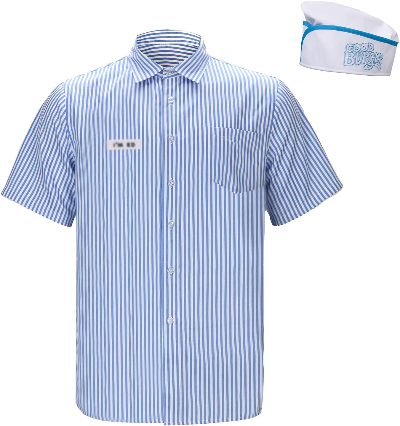 Men Burger Costume Striped Button Down Short Sleeve Shirt Chef Hat Outfit Movie Halloween Cosplay Set