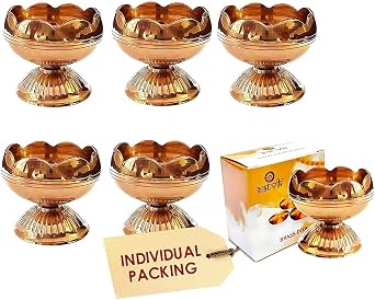 SATVIK 10 Pc Brass Diya for Diwali Decoration. Handmade Oil Lamp with Golden Engraved Made of Virgin Brass Metal. Diwali Diya Vilakku for Puja Pooja. Traditional Indian Deepawali Gift Items