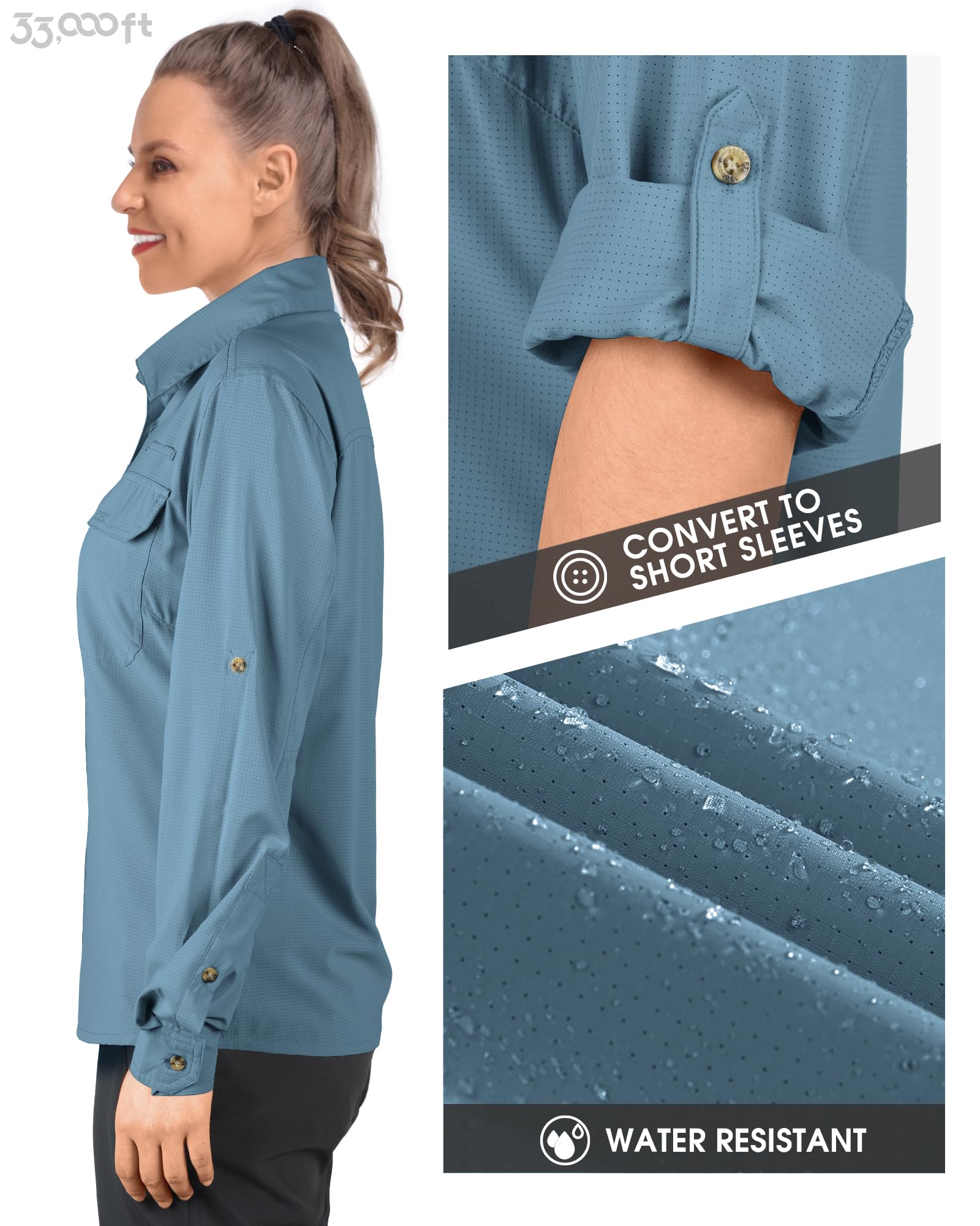 33,000ft Chemise pour femme - Protection UV UPF50+ - Séchage rapide - Manches longues - Pour la pêche, le safari, les voyages, le golf