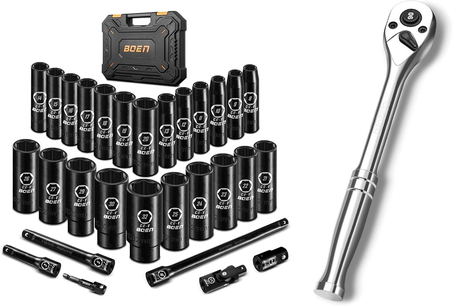 boen 29PCS 1/2” Metric Socket Set(8mm-32mm) + 1/2“ Ratchet, 90-Tooth