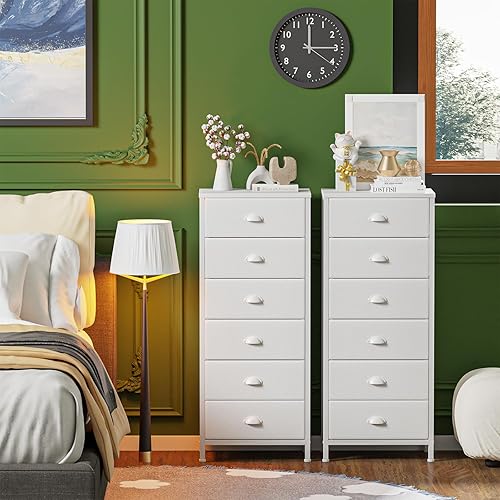 Miniatura 9 de Furnulem Cómoda alta blanca para dormitorio, torre de almacenamiento vertical y mesa auxiliar con 6 cajones, muebles de mesita de noche con