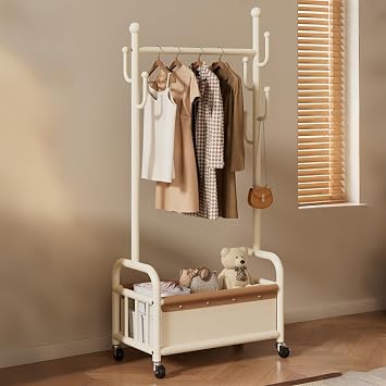 Metal Rolling Clothing Rack with Storage Basket & Side Hooks, Freestanding Garment Rack on Wheels,Portable clothes racks for Bedroom, Entryway, Small Space OrganizerWhite,80cm31.5in