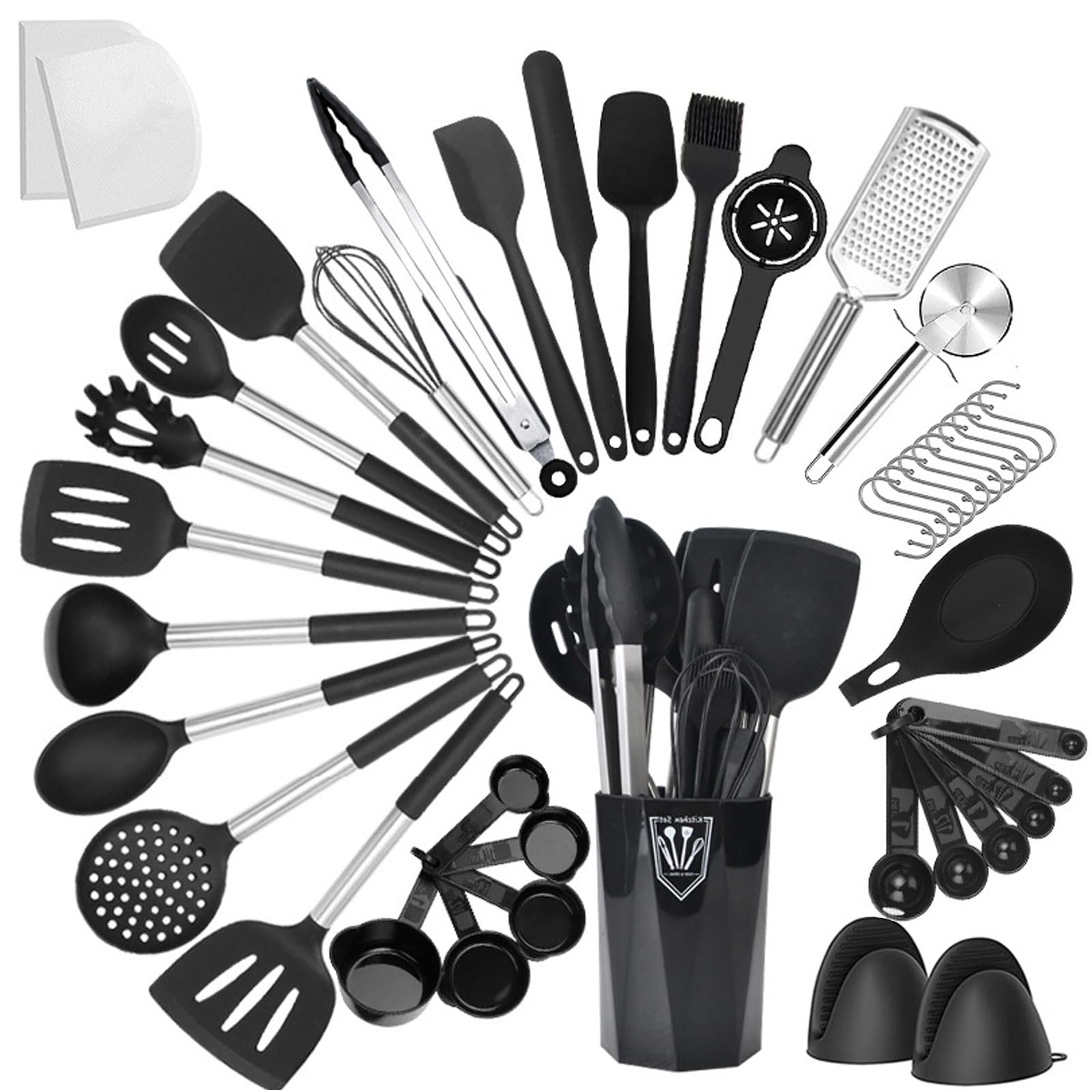 UXIYI Kitchen Utensils Set, Silicone Cooking Utensils, 44pcs Spatula Set with Stainless Steel Handle, Non stick Utensil Set, Kitchen Tools & Gadgets,Black