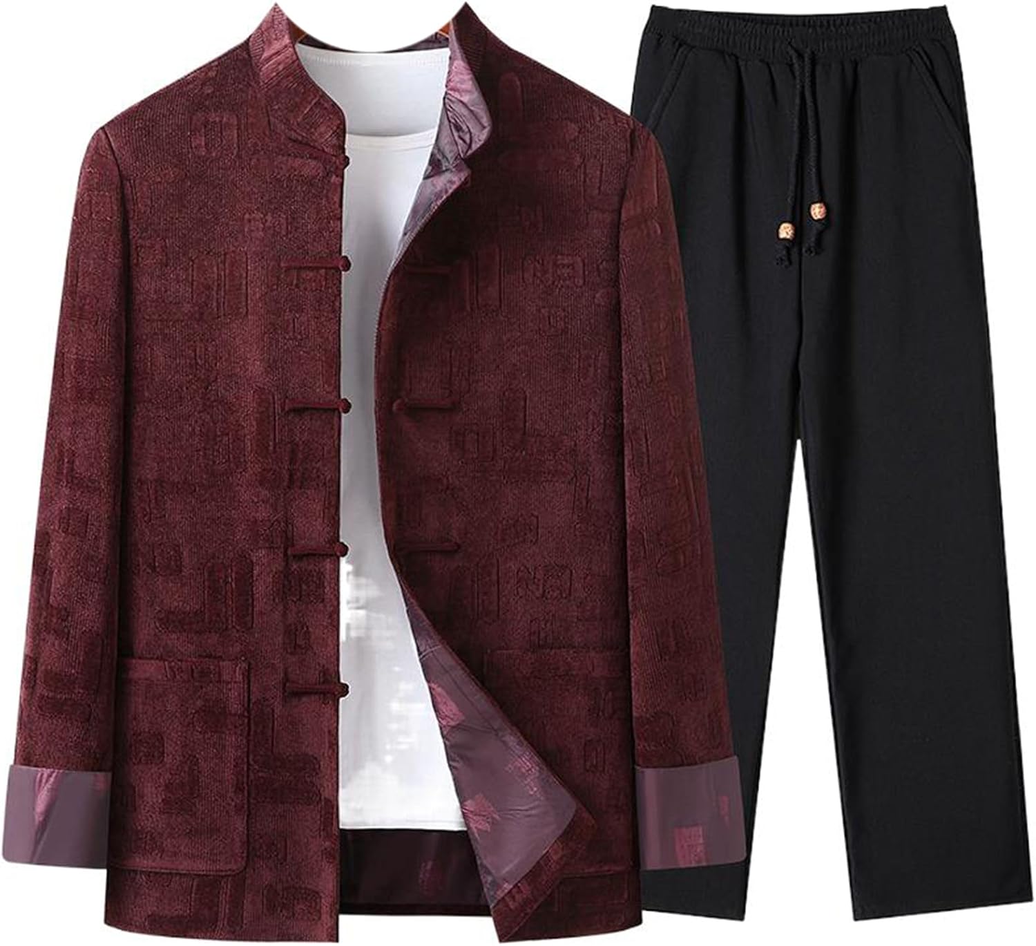Casual Men's Embroidered Stand Collar Tang Suit Set, Spring and Autumn Middle-Age Daddy Suit Set