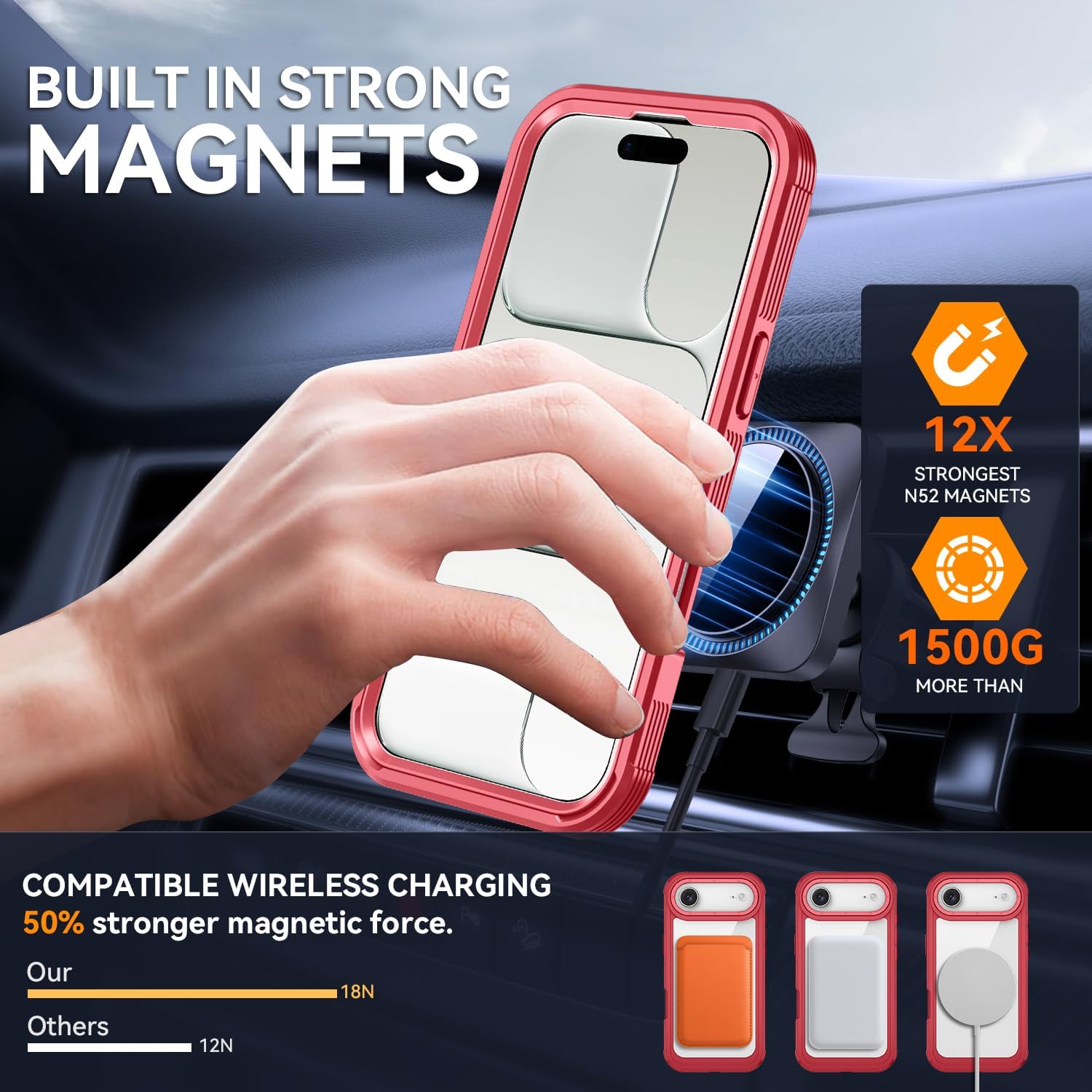 Magnetic for iPhone Air Case, Compatible with MagSafe, Full Body Rugged Case with Built-in Screen Protector & Kickstand & Belt-Clip (Red)