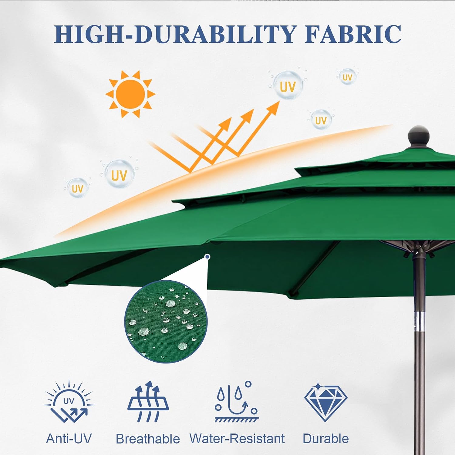 BPS 10ft 3-Tier Solar Patio Umbrella, Table Outdoor Market Sun Shade with 8 Sturdy Ribs，Beach Umbrella with Tilt Adjustment and Easy Crank for Poolside