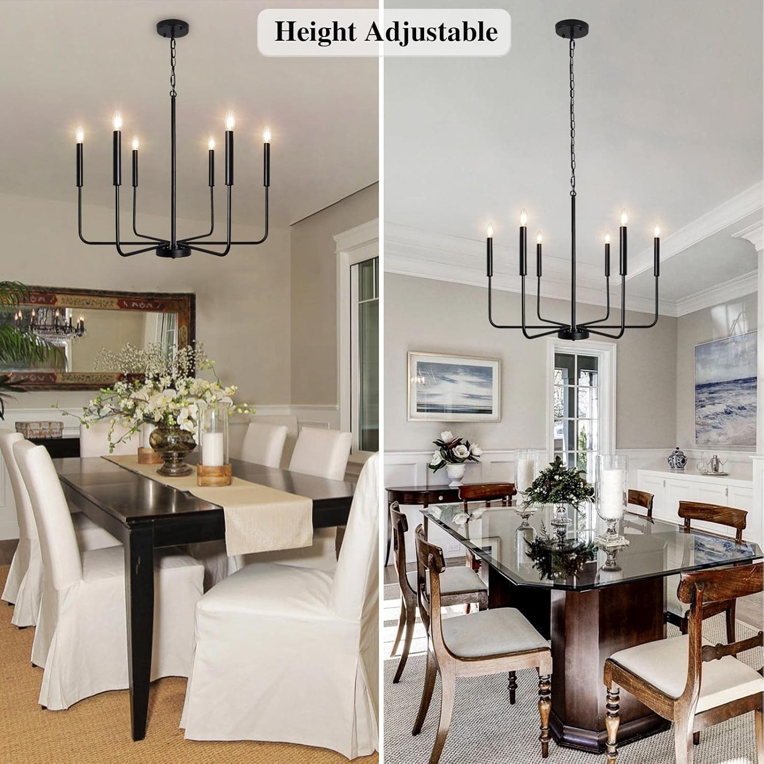 Farmhouse Chandelier Light Fixtures Ceiling Hanging 6 Lights Modern Candle Matte Black Ceiling Light Fixture, 26in Industrial Rustic Chandeliers for Dining Room Kitchen Island Living Room Foyer