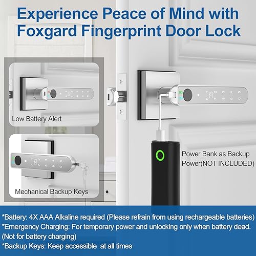 Miniatura 5 de Foxgard - Cerradura inteligente de huellas dactilares para puerta: Perilla de puerta de huellas dactilares - Cerradura de puerta biométrica de 5 en