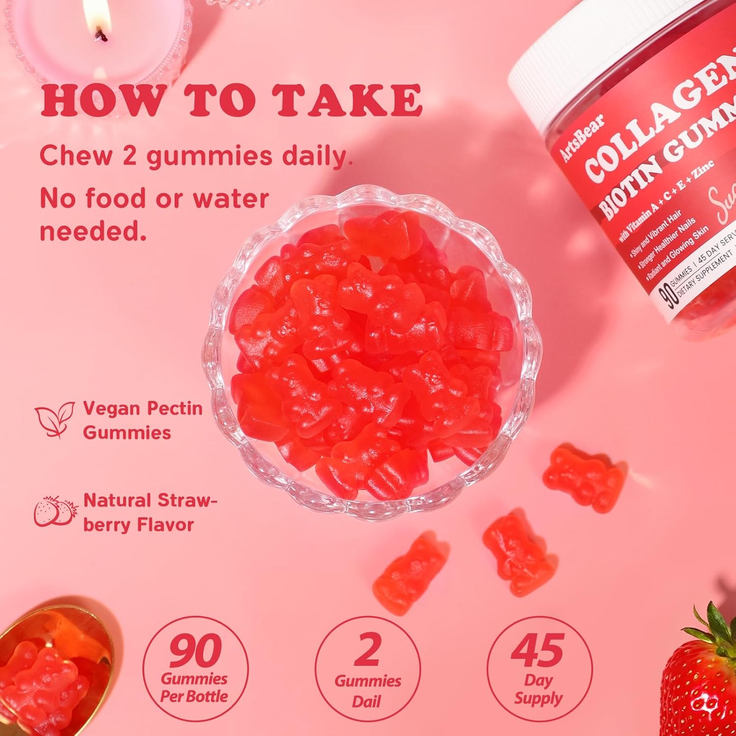 Collagen Gummies with Vitamins C, A, E, Zinc, and Biotin – Hydrolyzed Collagen Peptide Supplement for Hair, Skin, and Nails – Vegan, Sugar-Free, Strawberry Flavor – 90 Gummy - Image 5
