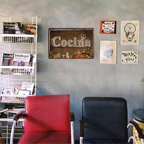 Miniatura 5 de Cartel de metal divertido con texto en inglés "Cocina" (ilustración con ingredientes de cocina y utensilios), póster de pared para oficina,