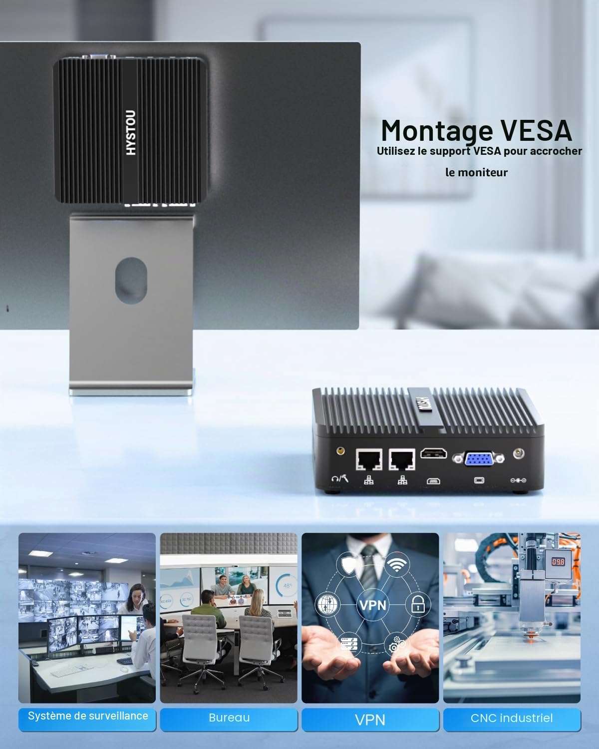 HYSTOU Mini PC Fanless Industriel 8Go de RAM 128Go SSD J5005 Fanless Mini PC per Industrial