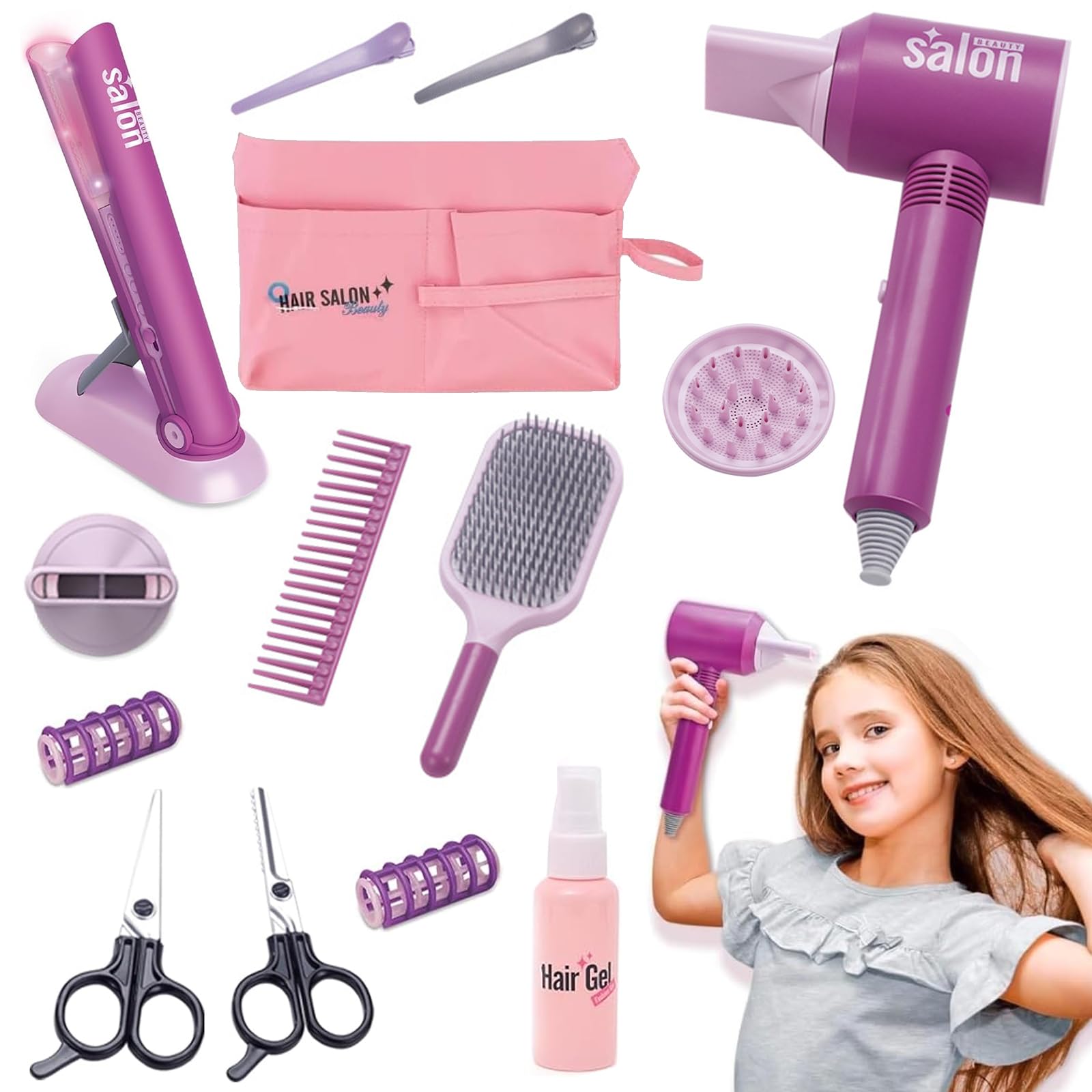 Estilismo y Peluquería Conjunto Juego Belleza,Set de Juegos de 14 Piezas de Salón de Belleza para Niñas,Pretend Maleta de Maquillaje para Niños,Juego de rol para Niñas 3+ Años.