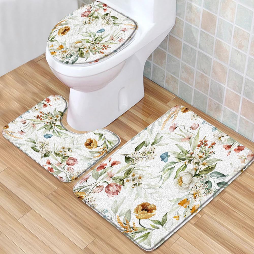 Yadshoti 3pcs/Set Spring Flower Bath Rugs Watercolor Floral Green Leaves Plant Scenery Pattern Print Low Pile Memory Foam Bathroom Decor Rug U Shape Mat Toilet Lid Cover 17.7 x 29.5 Inch