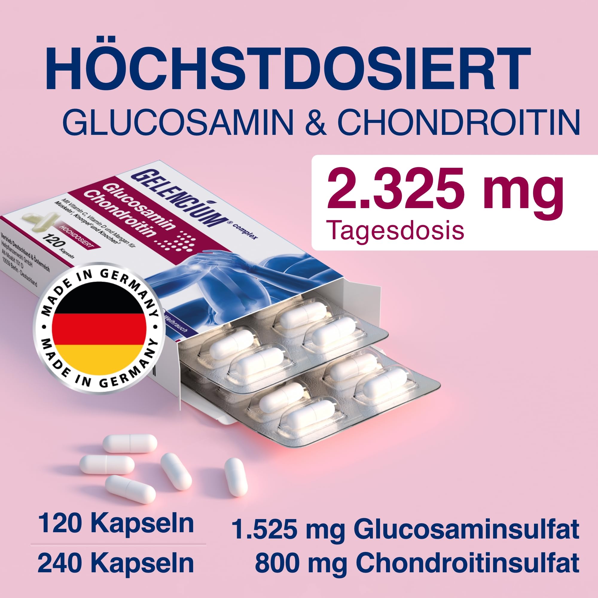 Gelencium Glucosamin Chondroitin hochdosiert mit Weihrauch – 120 Kapseln | 2.325 mg pro Tagesdosis · Mit Weihrauch (Boswellia serrata), Vitamin C, Vitamin D & Mangan · 30 Tage
