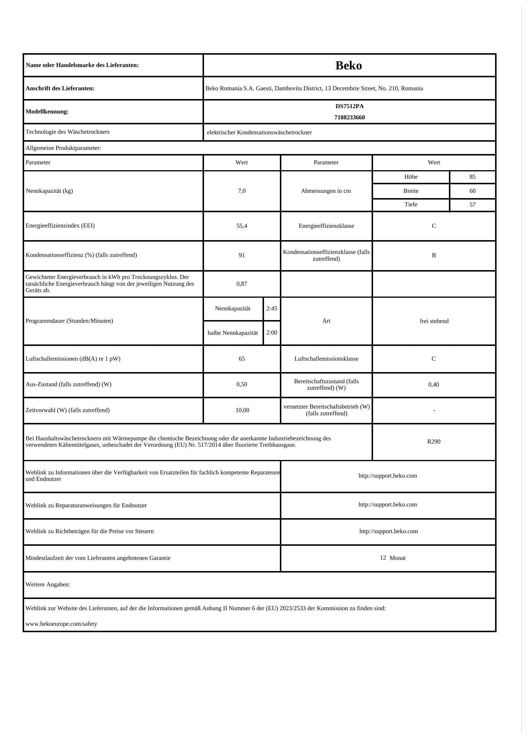 Beko DS7512PA Kondenstrockner mit Wärmepumpentechnologie/7 kg/A+++(10% sparsamer als A++)/Elektronische Feuchtemessung, Weiß