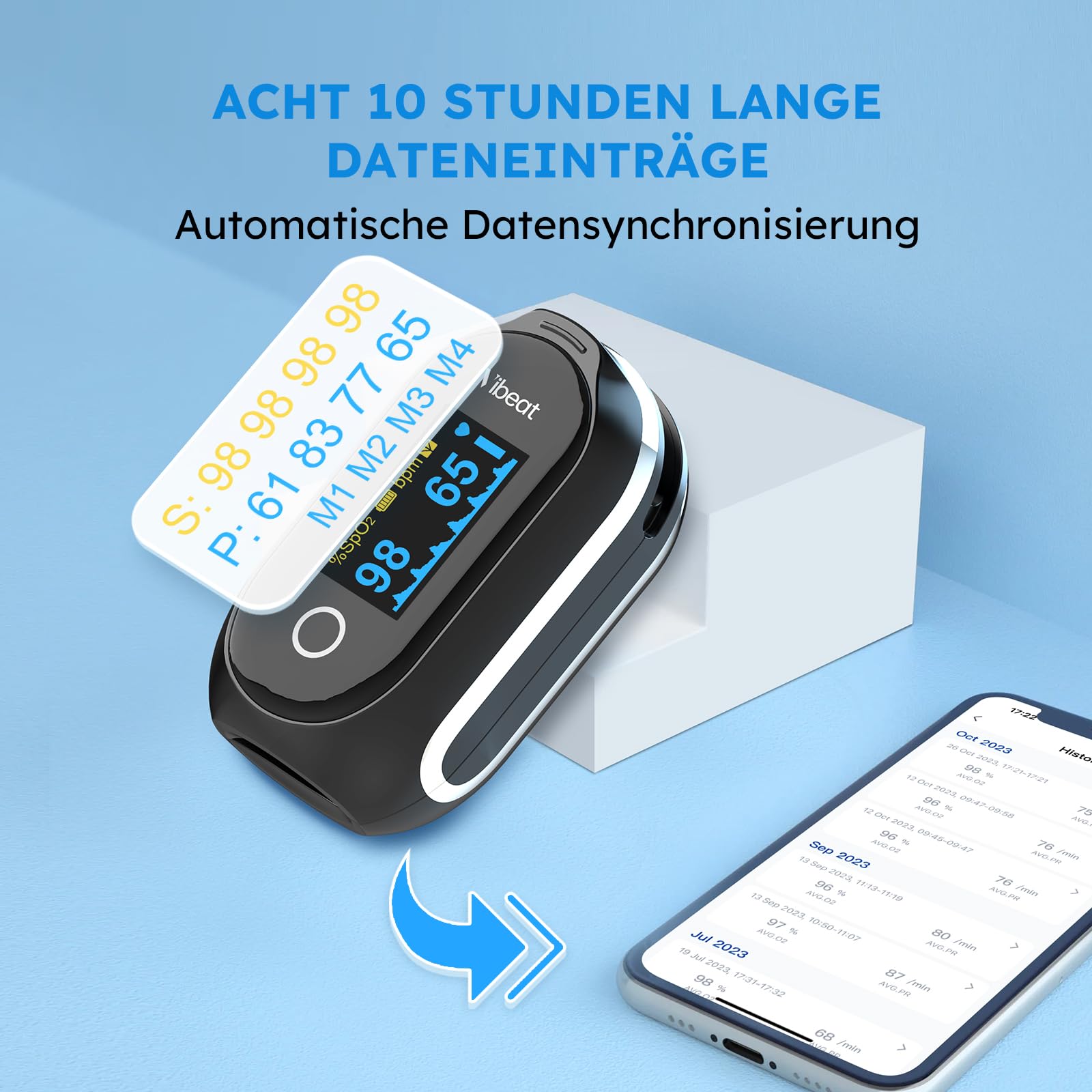 Vibeat Schlaf Bluetooth Pulsoximeter mit Dauermodus, Wiederaufladbares Sauerstoffsättigungs messgerät für Finger mit 8*10 Std Datenaufzeichnung, Blutsauerstoffmessgerät Finger mit Auto Datensynchron
