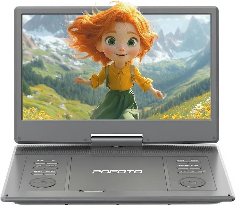 POFOTO 15,7" Hordozható DVD lejátszó 14,1" HD forgó kijelzővel, 6 órás akkumulátor - grey/black