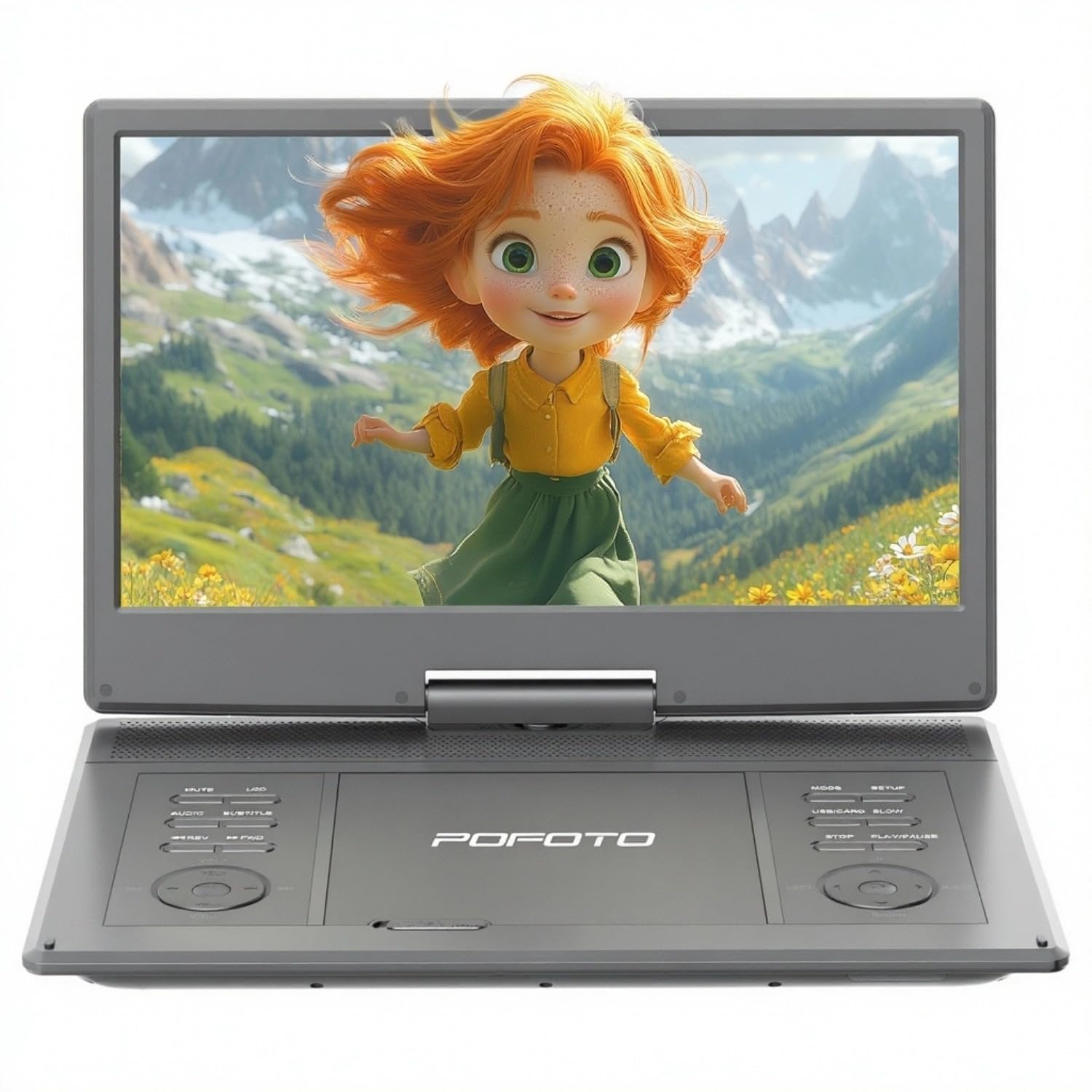 POFOTO Lecteur DVD Portable 15,7" avec Écran Pvotant HD 14,1", 6h Autonomie, Compatible Multiformat Disques/SD/USB, Mémoire de Lecture, Sortie TV/Projecteur, Haut-parleurs Stéréo (Gris-Noir)