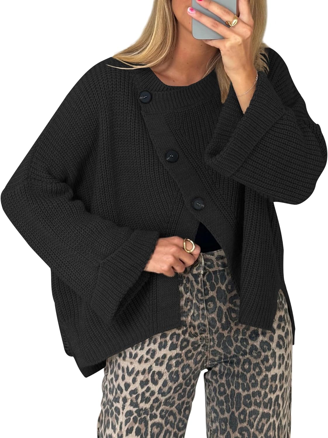 Balimtoy Chunky Cardigan Sweaters for Women Long Sleeve Crewneck Button Down Loose Pullover Sweater Casual Fall Outwear