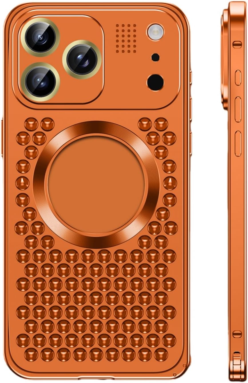 Metal Cooling Case for iPhone 17 Pro Max/17 Pro/17, CNC Aluminum Alloy Frame with Built-in Fragrance Core, Airflow Hollow Grid Structure, Shockproof Slim Protective Cover(Orange,17)