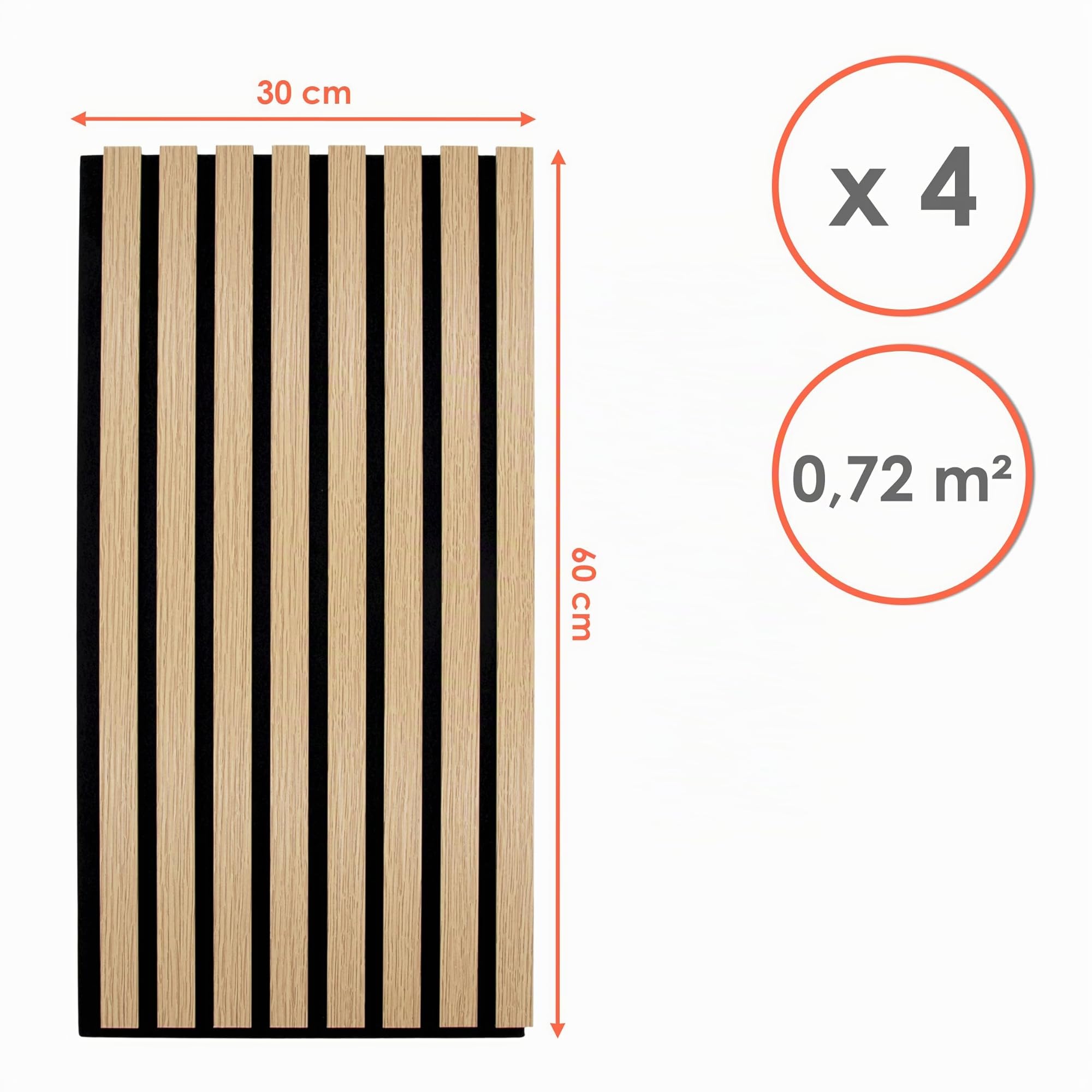 Lot de 4 panneaux acoustiques, aspect bois, 60 x 30 cm, absorbeur de bruit, décoratifs, isolation phonique, panneaux muraux pour 0,72 m², panneaux muraux, revêtement mural, isolation acoustique