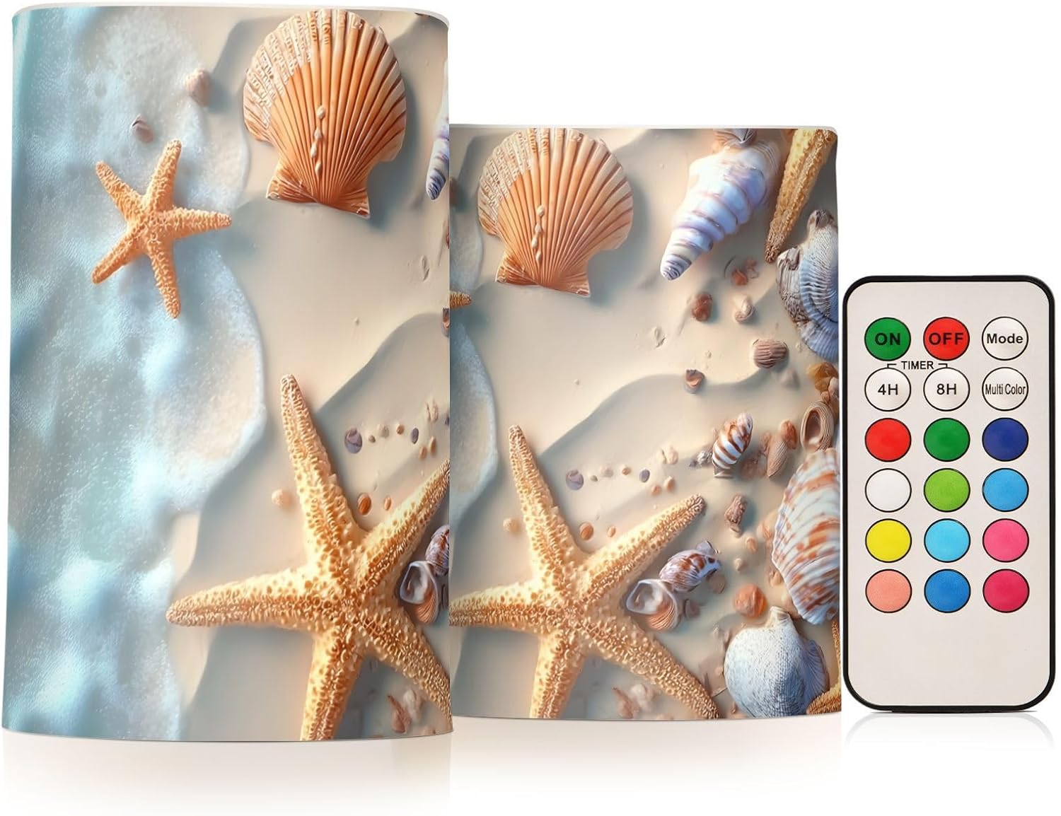 ALAZA Seashell Starfish Beach Sea Wave Flickering Flameless Candles Pillar Led Candles Battery Operated Candles with Remote and Timers Set of 2