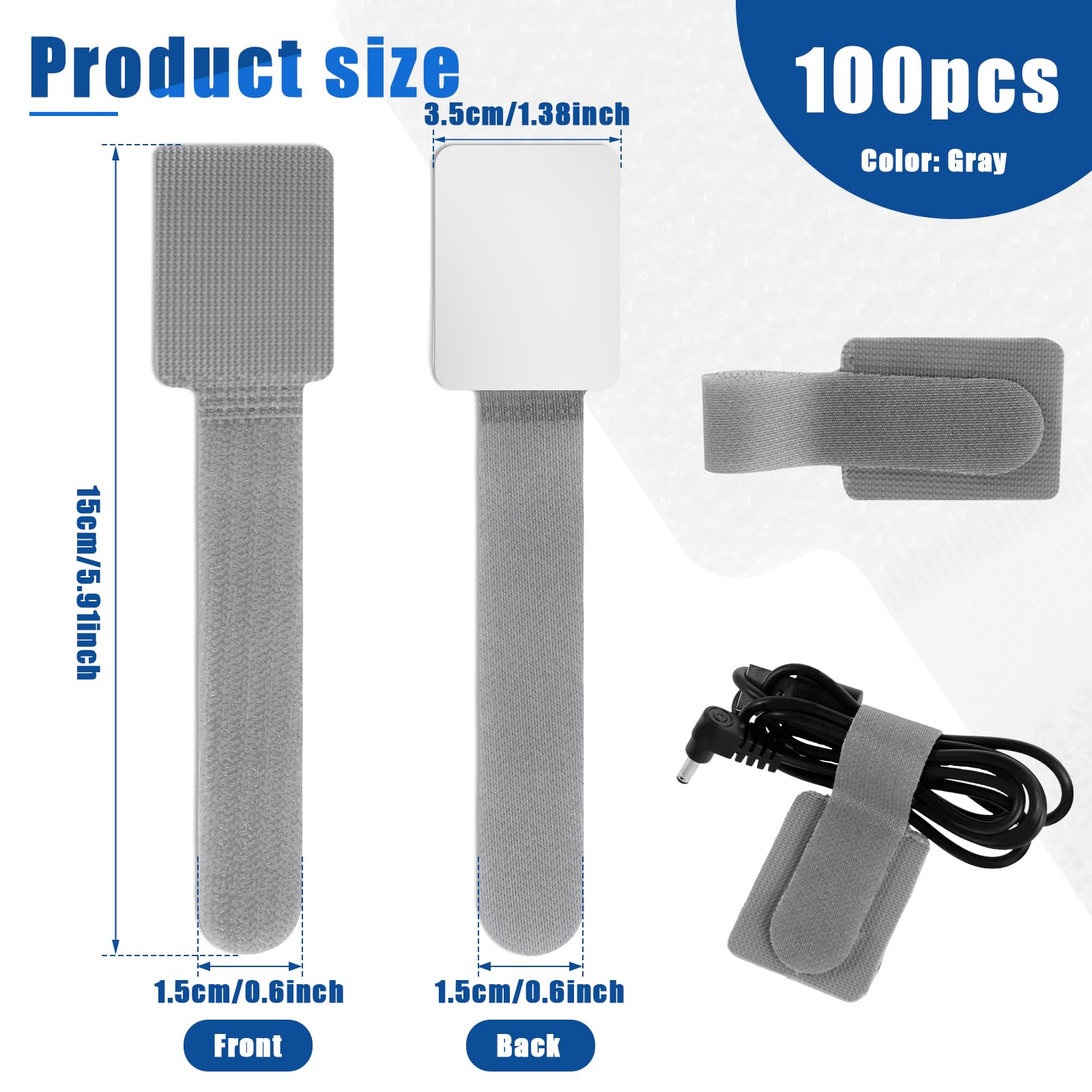 Klett-Kabelbinder, selbstklebend, wiederverwendbar, Polyester-Kabelhalter, Mehrzweck-Kabelclip für Reisen, Büro, Zuhause, Grau, 100 Stück