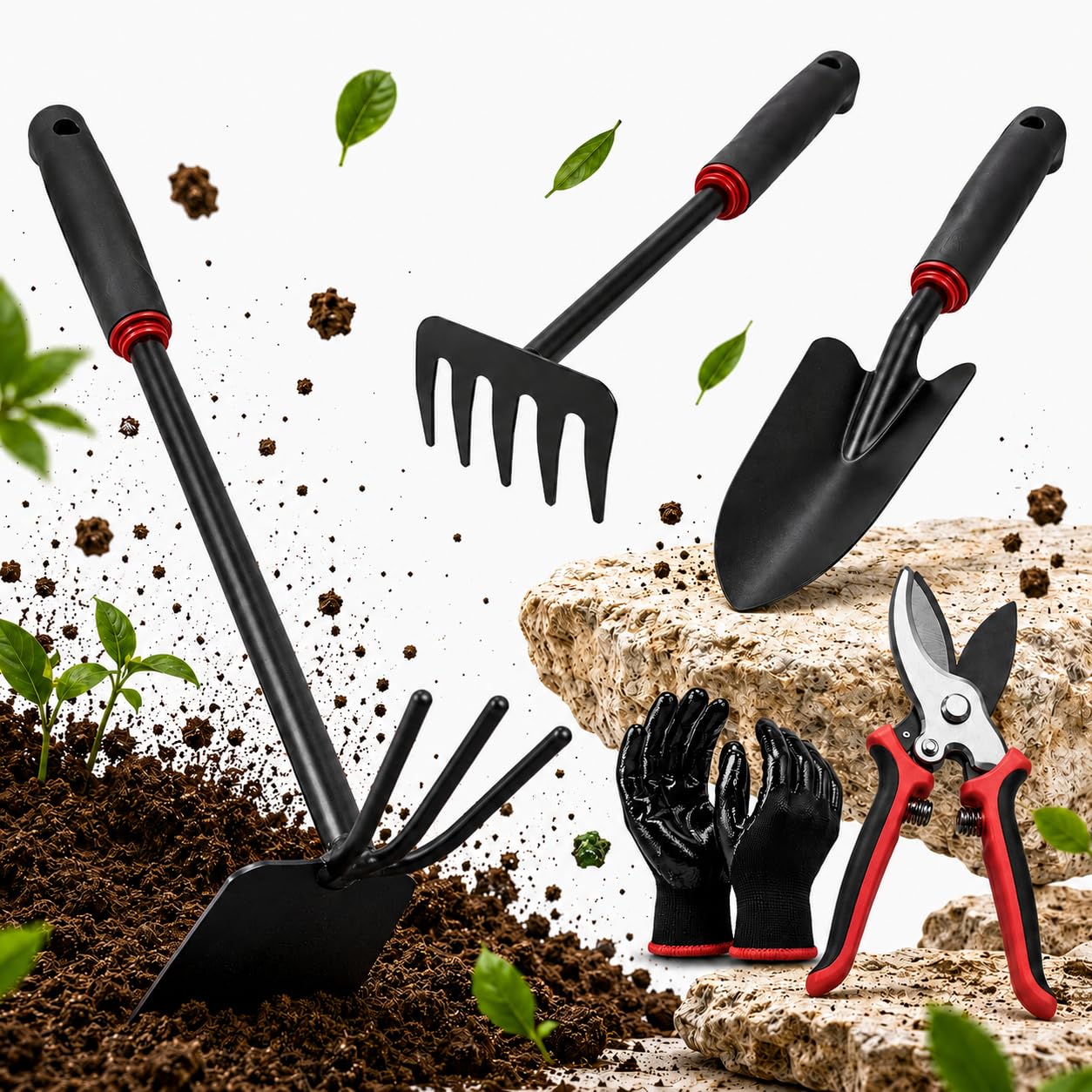 Kit 5 Herramientas de Jardinería de Metal Que Incluye Tijeras de Podar, Pala Trasplantadora, Rastrillo, Azada Doble y Guantes | Kit jardineria para Jardín, Huerto Urbano y Terraza (Rojo/Negro)