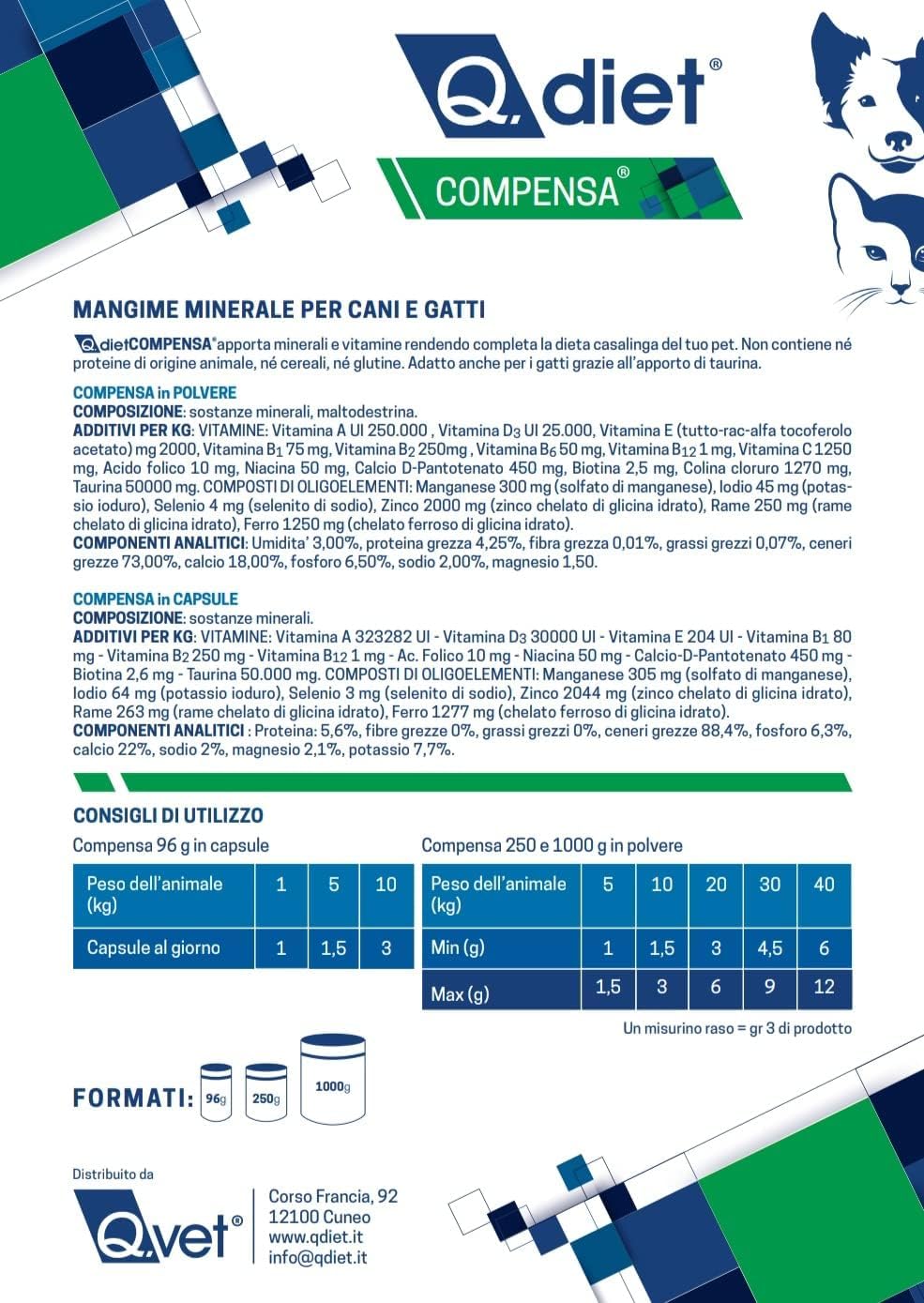 Q Diet Compensa 120 Capsule Cane Gatto Con Alga Spirulina. Alimento Complementare Ricco di Vitamine e Minerali a Completamento delle Diete Casalinghe Per Cani di Piccola Taglia e Gatti
