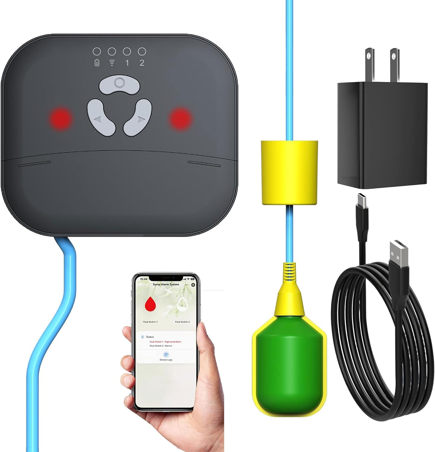 LUCKYDUO WiFi High/Low Sump Pump Alarm, Smart Water Level Alert with App Notification, Water Lever Sensor Detector for Indoors/Outdoors with 10ft Tethered Float Switch, 110dB Loud Alarm, LED Flashing