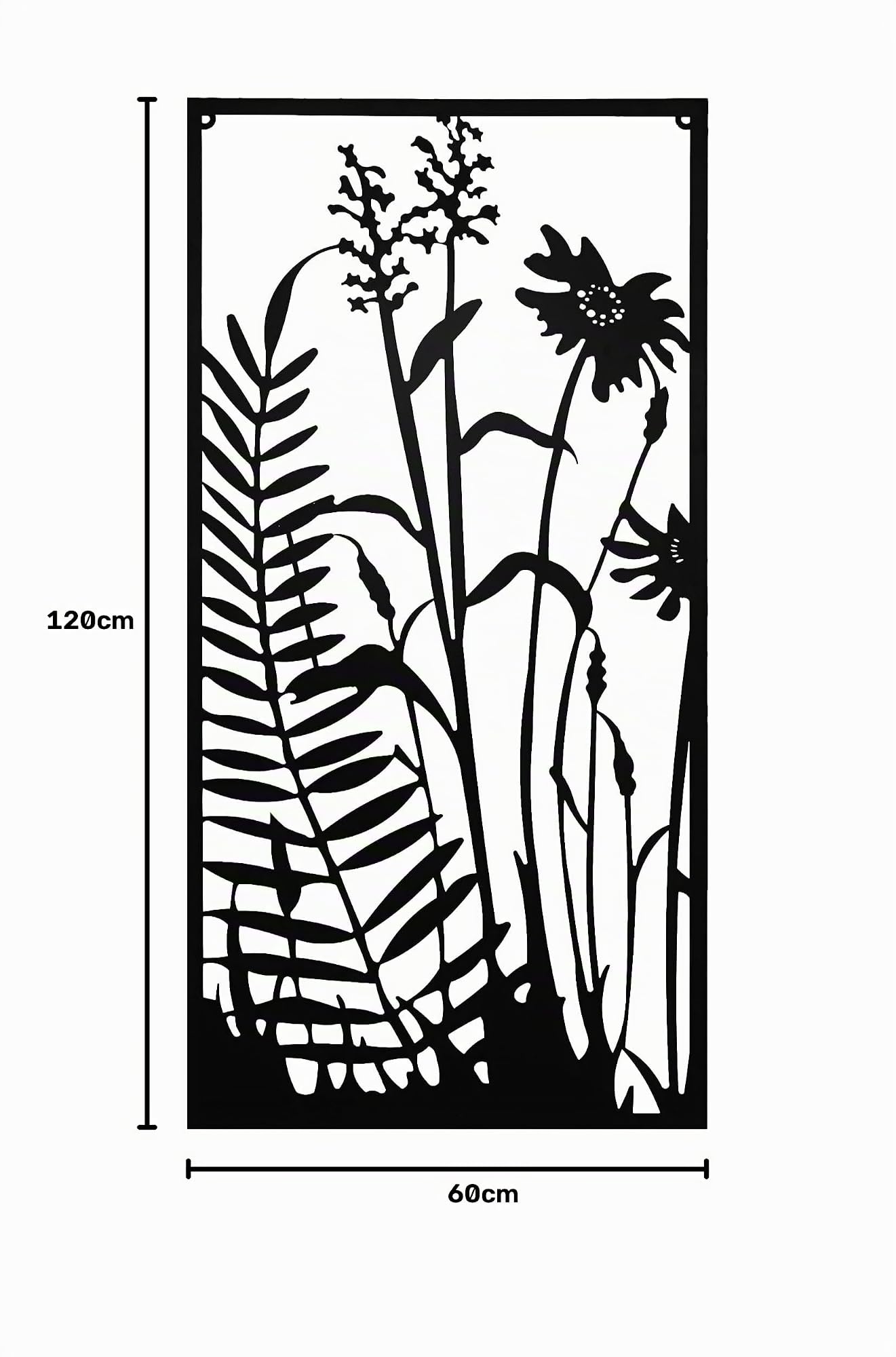 UNUS Tableau en métal fougère et fleurs, 120 x 60 cm, décoration murale pour intérieur et extérieur, avec crochet de suspension, design moderne, noir