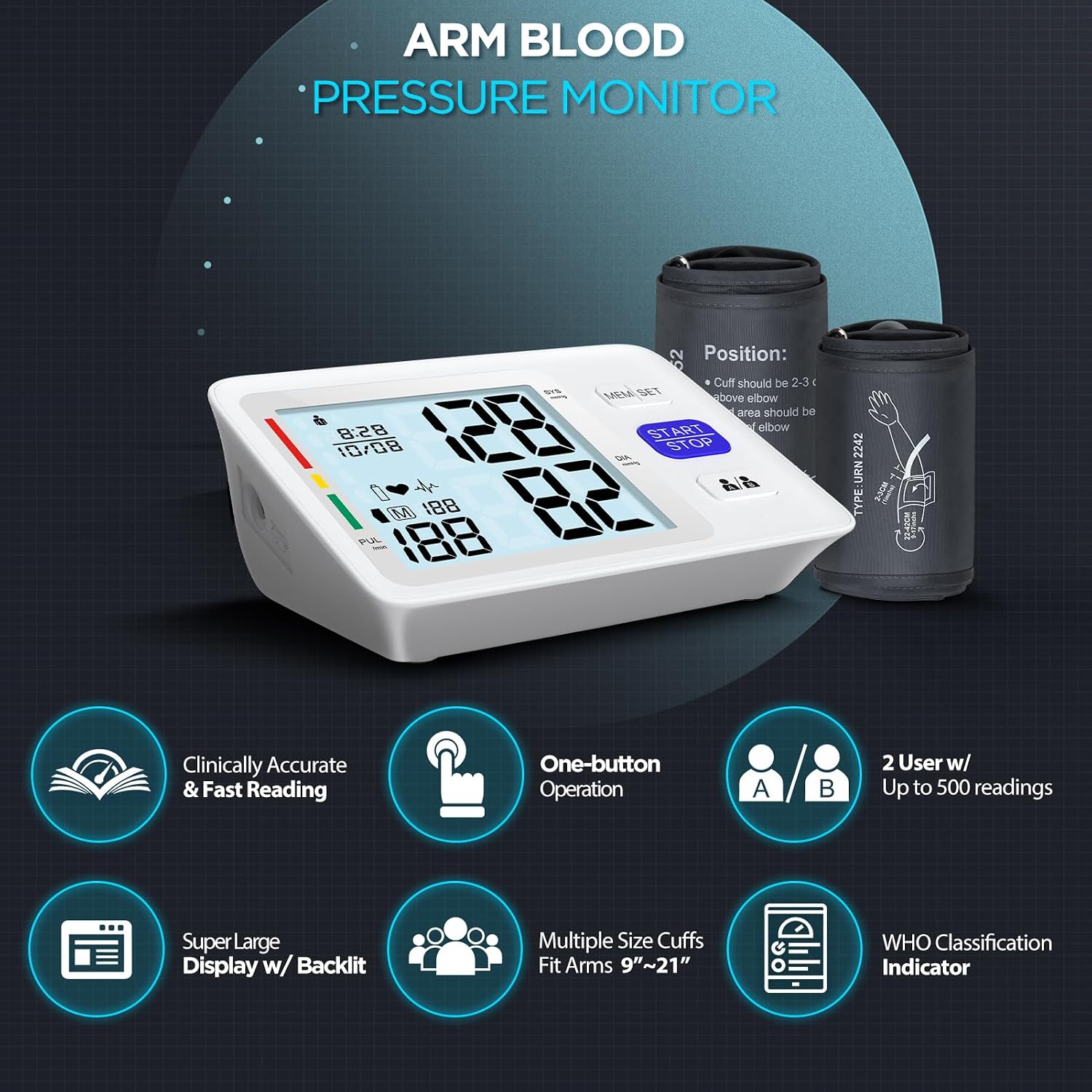 Blood Pressure Machine Upper Arm, 2 Size Cuffs M/L and XL, Medium/Large 9"-17" and Extra Large XL 13"-21", Accurate Automatic Digital BP Monitor, Large Backlit LCD, 2-User 1000 Memories