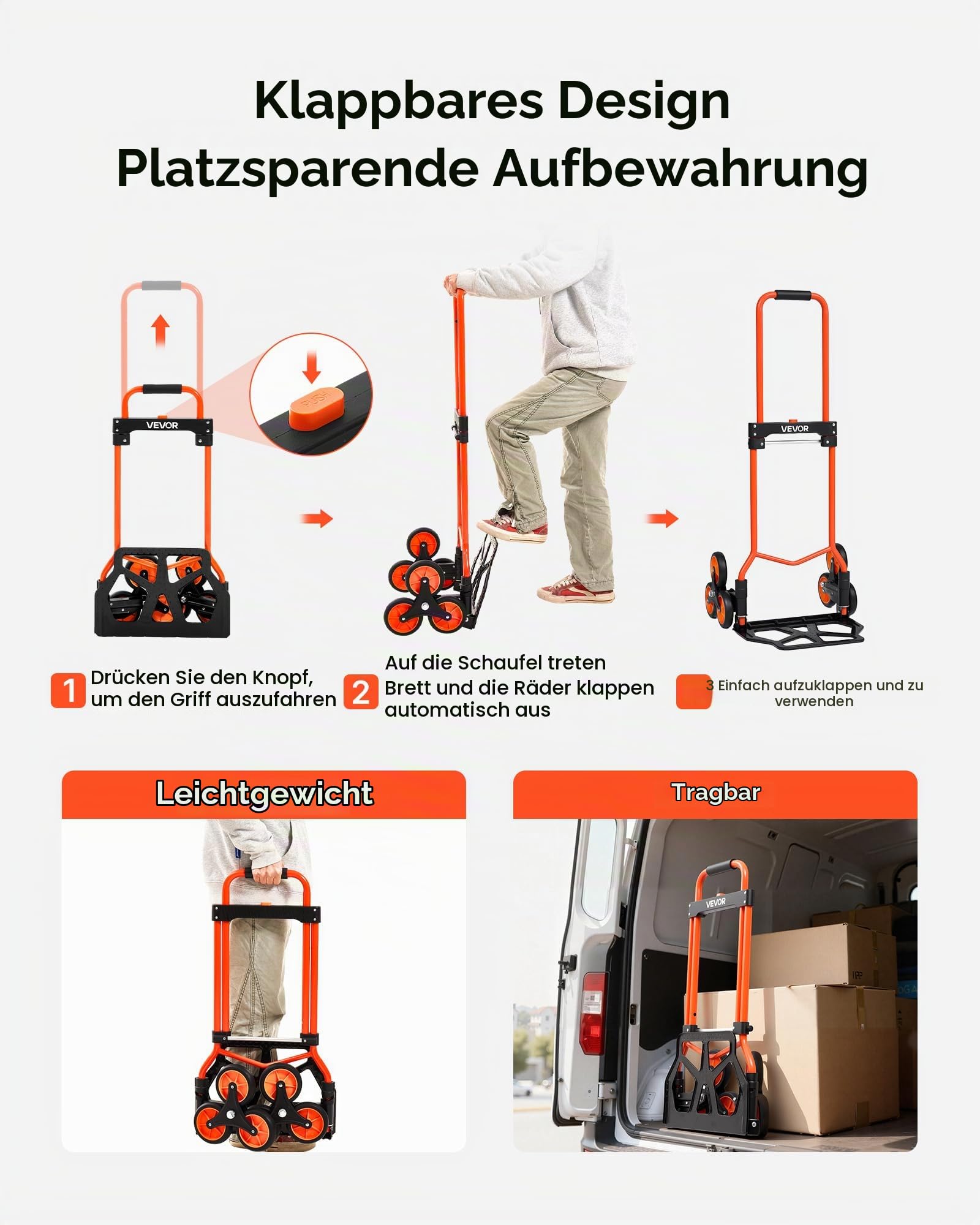 VEVOR Treppensackkarre klappbar, Sackkarre 54 kg Tragkraft, Treppensteiger mit Teleskopgriff, 6 Rädern & 2 Spanngurten, Transportkarre, Treppenkarre, ideal für Haushalt, Einkauf & Lager
