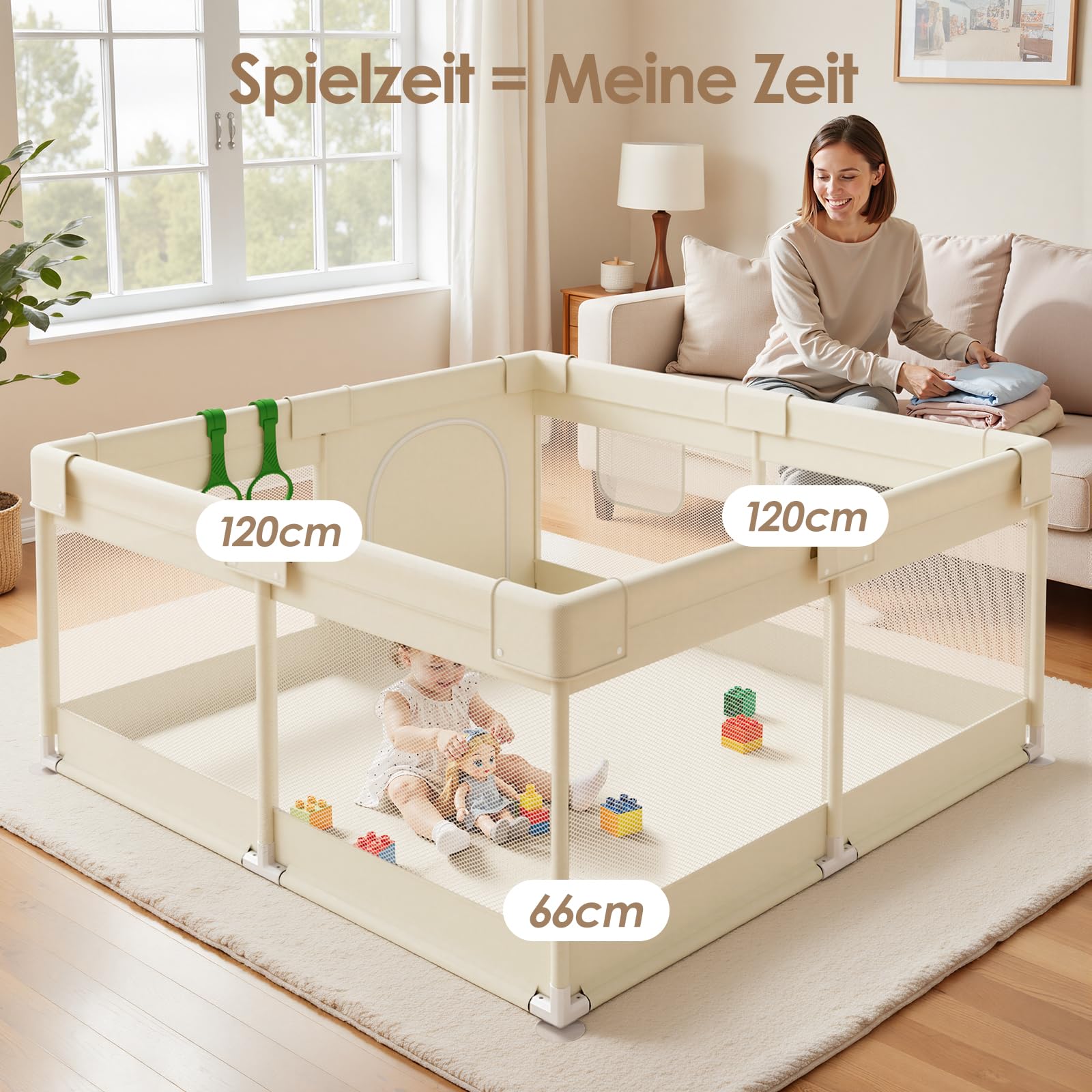 Fodoss Beige Parc Bebe 120 × 120cm - Petit Parc Enfant Maille Respirante Parc de Jeux Bébé Pour Petits Appartements Park Bebe