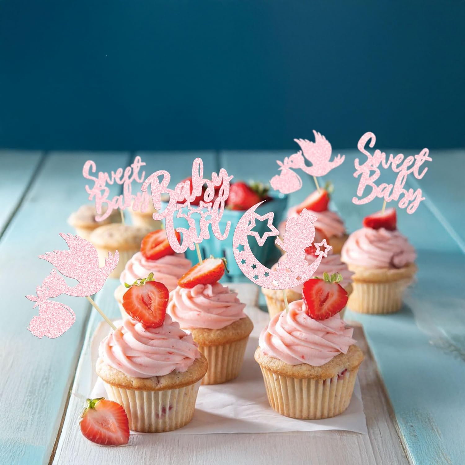 24Pcs Sweet Baby Girl Cupcake Toppers Moon Star Light Pink Glitter Baby Shower Cupcake Picks Decorations for Gender Reveal Baby Shower Kids Girls Birthday Party Supplies - Image 4