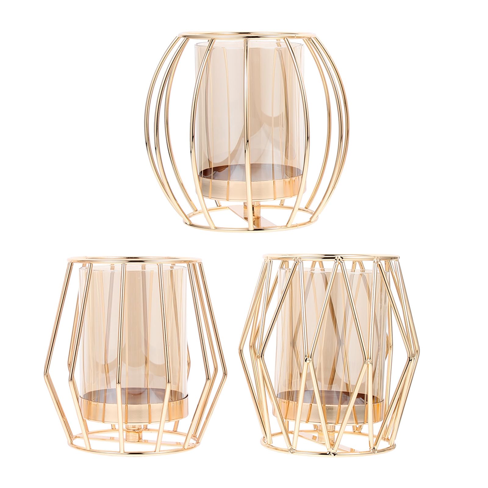 3 Pezzi Candeliere Decorativo Creativo in Ferro e Vetro, Oro