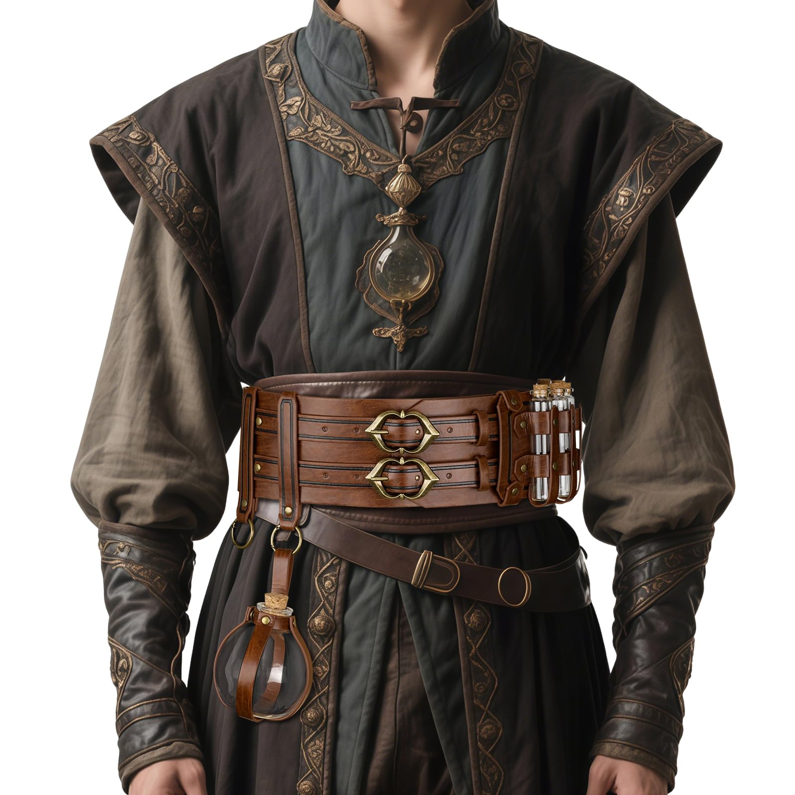 HiiFeuer 5 pezzi Cintura larga in ecopelle in stile medievale per alchimia con fiaschette per pozioni da escursione e bottiglia di vetro, cintura corsetto fantasy per cosplay(Marrone A)