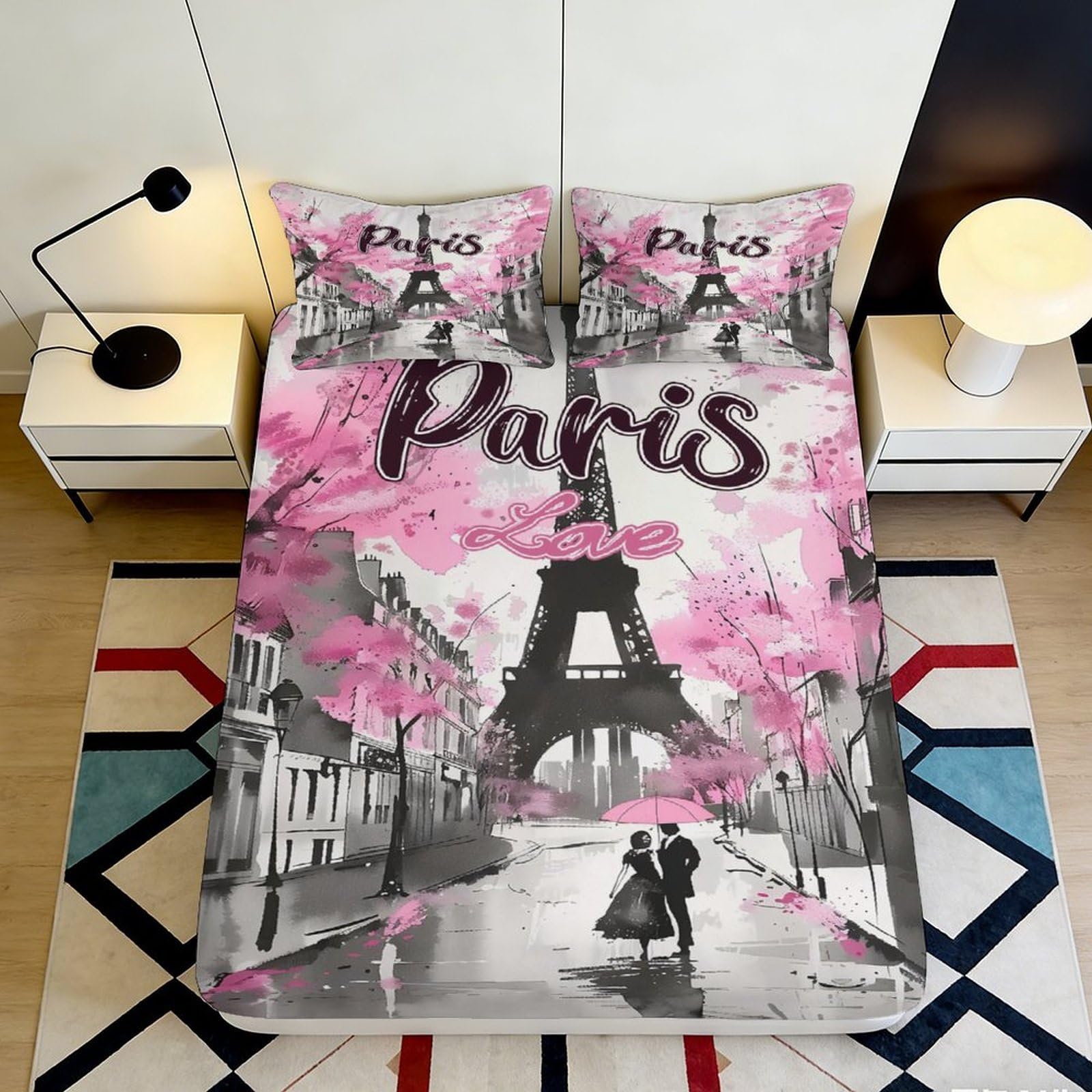Decorative Pink Eiffel Tower Fitted Sheet, Paris 3D Printed Microfiber Bed Cover, Soft Touch, Home Bedroom, Apartment Bedding, Wrinkle Resistant, Easy Care, Stylish Accent, Anti-Slip 160x200x25cm