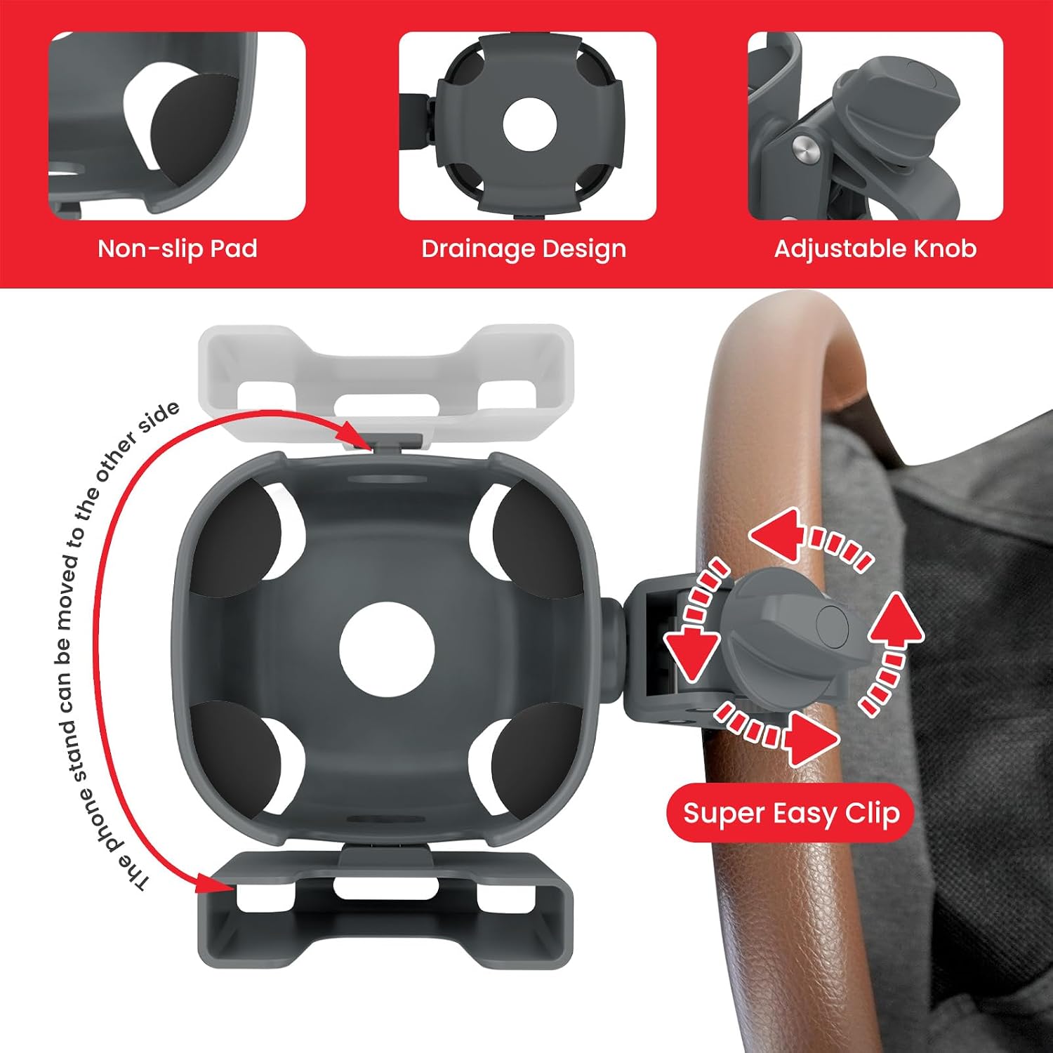 Stroller Cup Holder with Phone Holder - [Upgraded Anti-Slip Grips] Walker Cup Holder, Wheelchair, Stroller Accessories, 2-in-1 Cup Phone Holder for Stroller, Bike, Wheelchair, Walker, Scooter - Grey