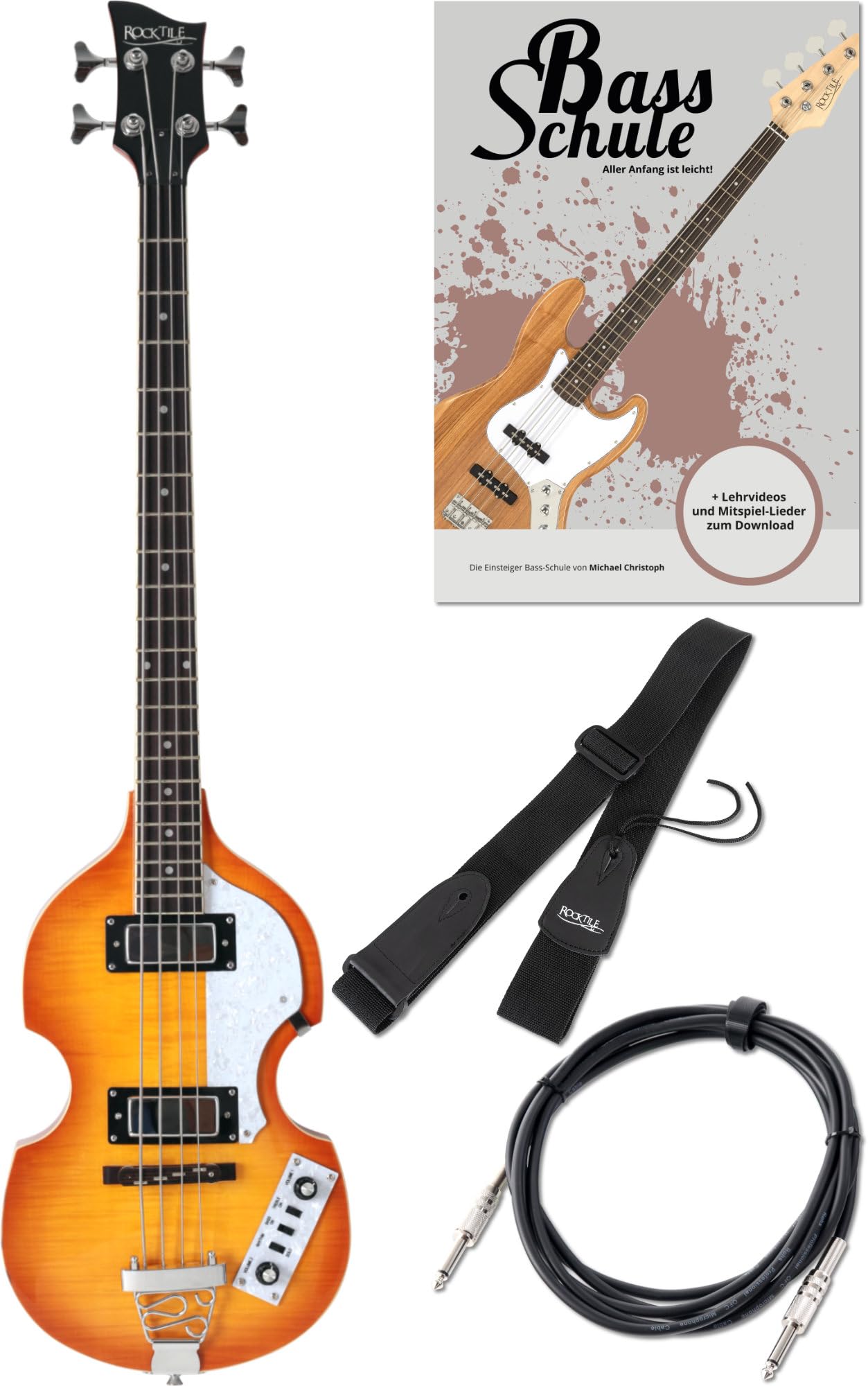 Rocktile VB-1 Sir Paul Vintage Beatbass Set E-Bass Hollow Body Violinbass 2 Humbucker Pickups Sunburst