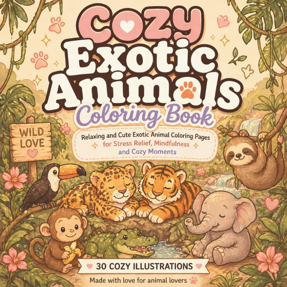 Cozy Exotic Animals: A Relaxing Coloring Book Featuring Adorable Exotic Creatures, Tropical Adventures, and Cozy Moments