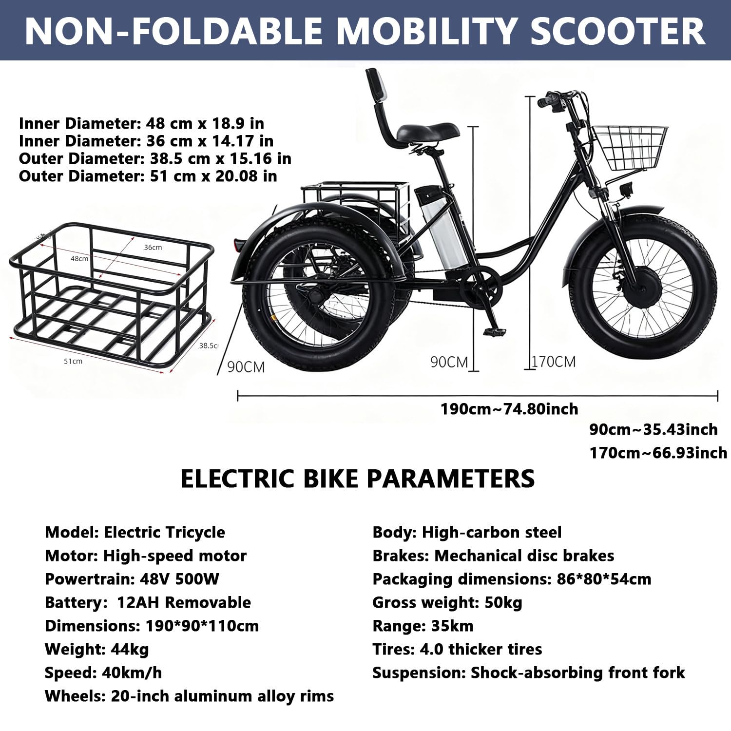 Triciclo Elettrico Adulti ergonomico per Lunghi tragitti e commissioni | Bicicletta elettrica con Sella regolabil | Triciclo da Città con Grande capacità di carico per Uso Quotidiano
