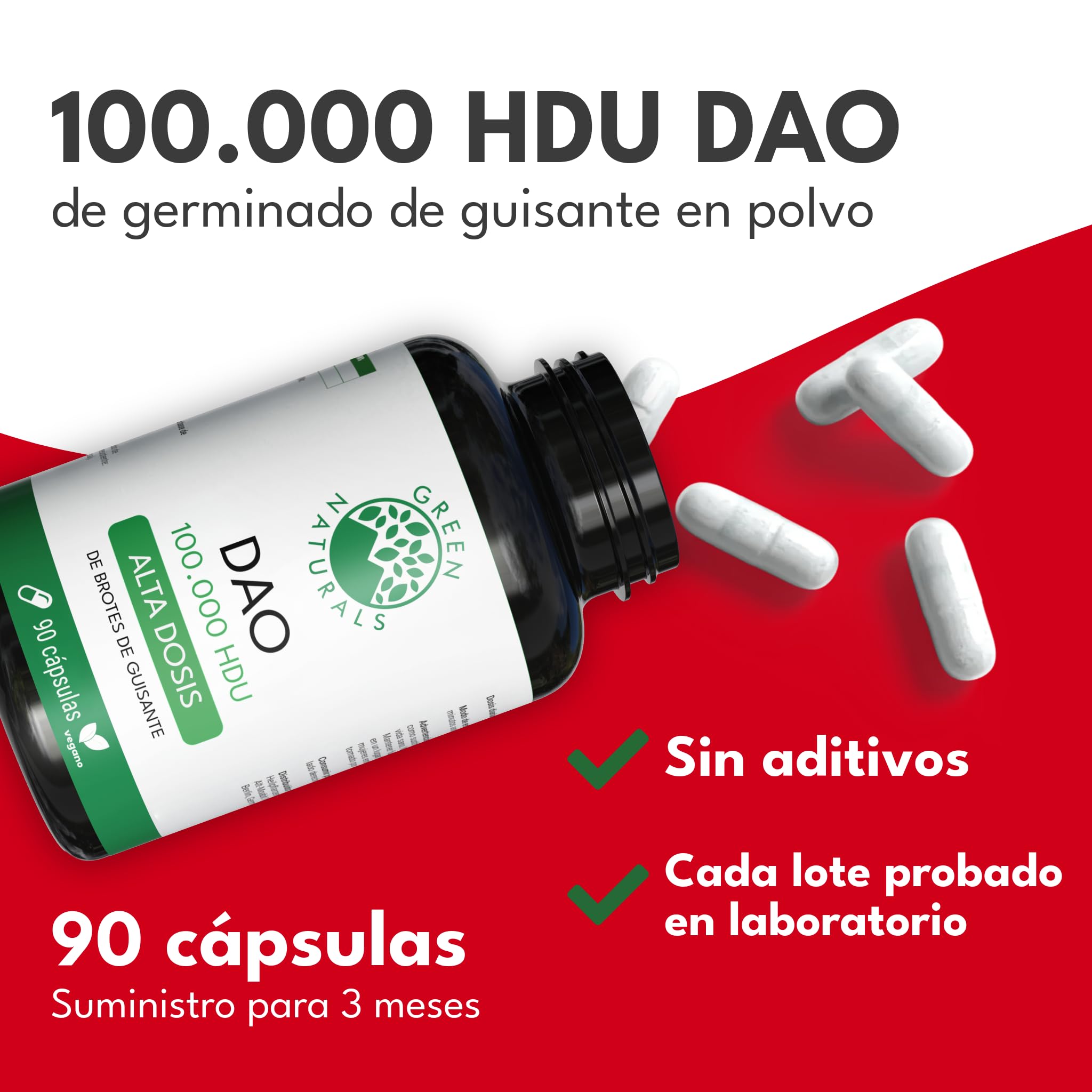 Green Naturals® DAO Vegano – Alta dosis 300.000 HDU por dosis diaria – Cápsulas gastro-resistentes – Enzima DAO natural a partir de brotes de guisante – 100 mg por cápsula – 90 cápsulas
