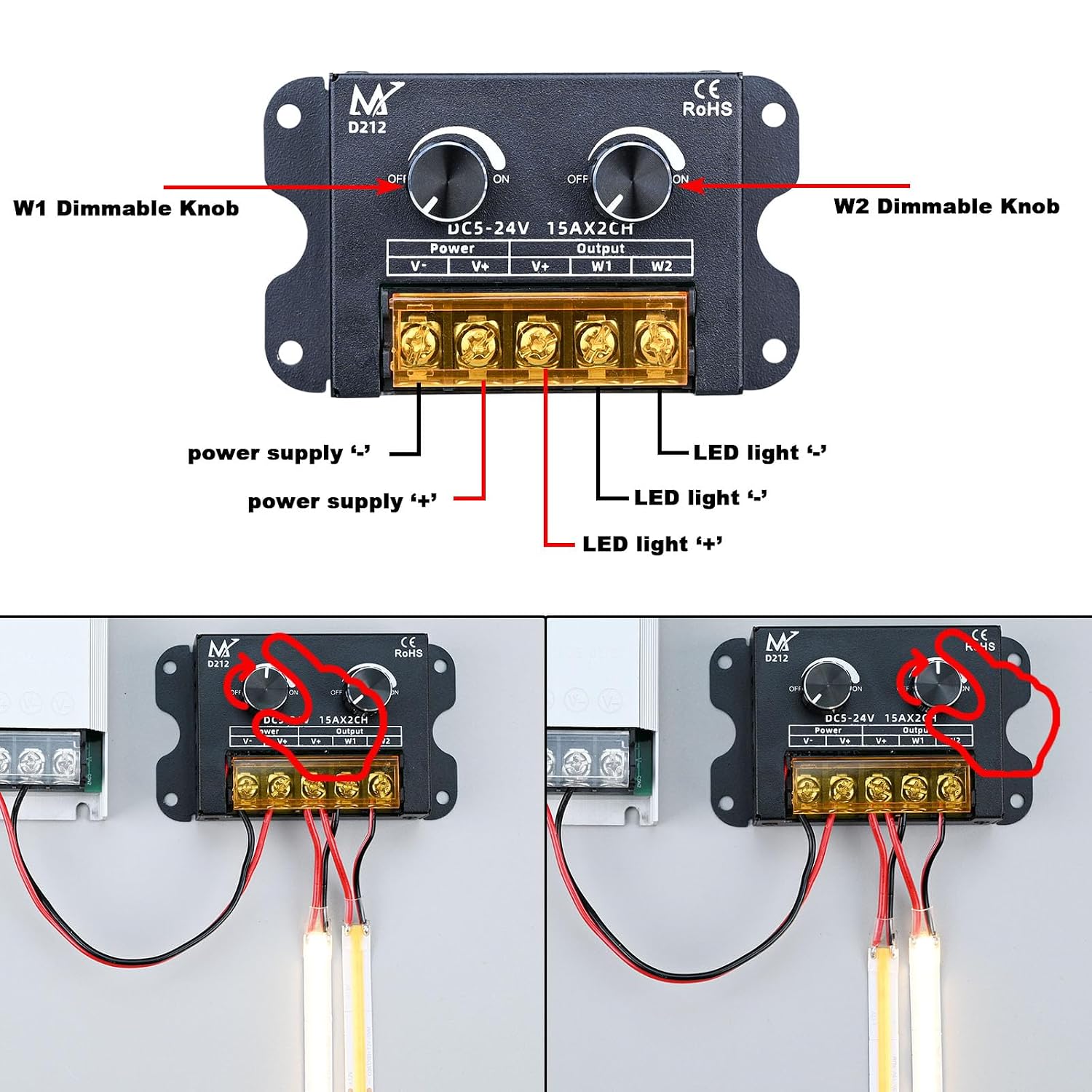 TOPAI 2 Knob 2 Channel LED Strip Dimmer DC 5V-24V | Independent Dual Channel Control, Max 30A Output, CCT and Single Color Controller,