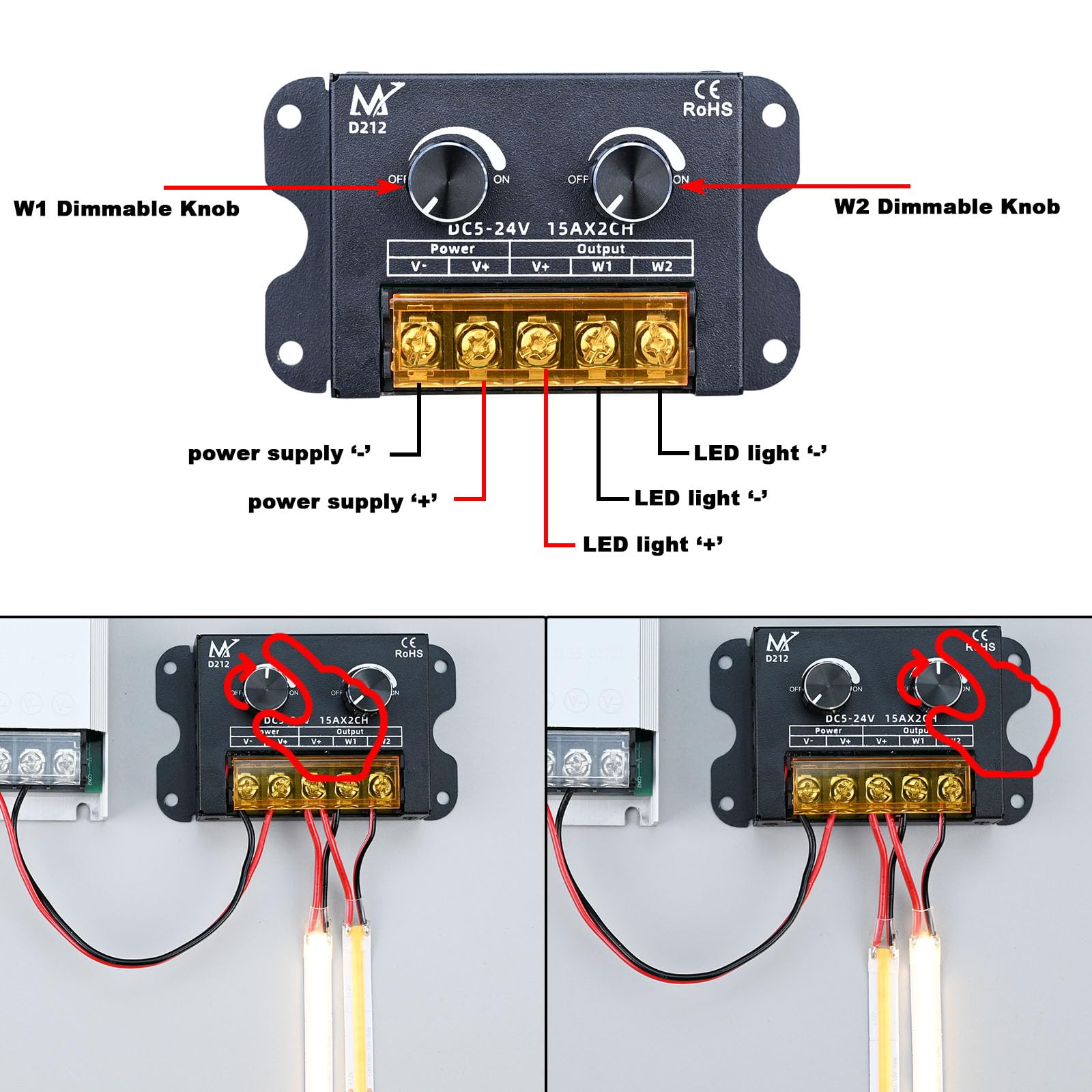TOPAI Dual Knob LED Strip Dimmer, Independent 2 Channel Control, PWM Dimming Controller, Output DC 5V-24V Max 30A - Image 2