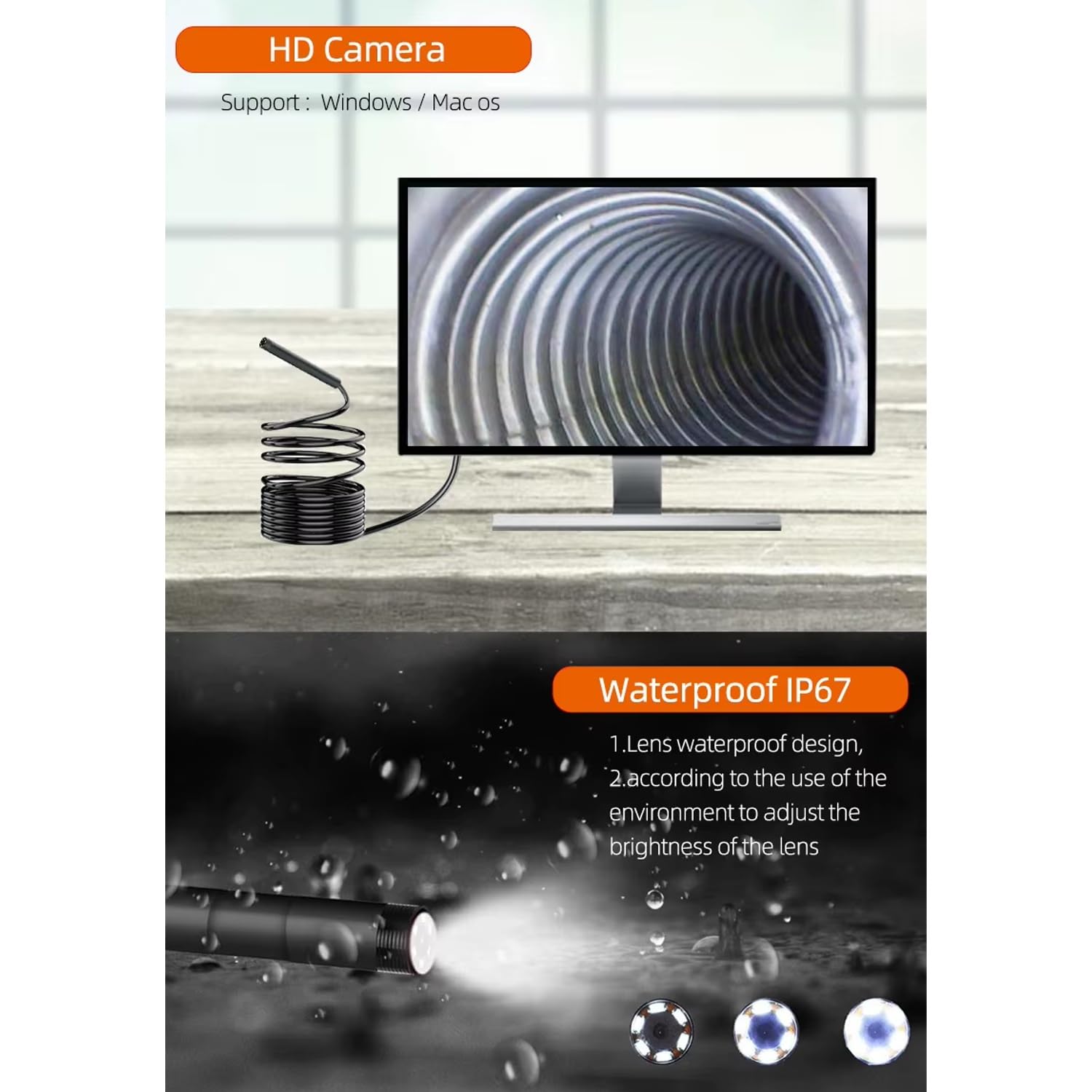 Telecamera Endoscopica 3 in 1 per Tubi, Endoscopio Impermeabile IP67 con 6 LED E Cavo Semirigido per Tubi di Scarico, Manutenzione Auto(10M)