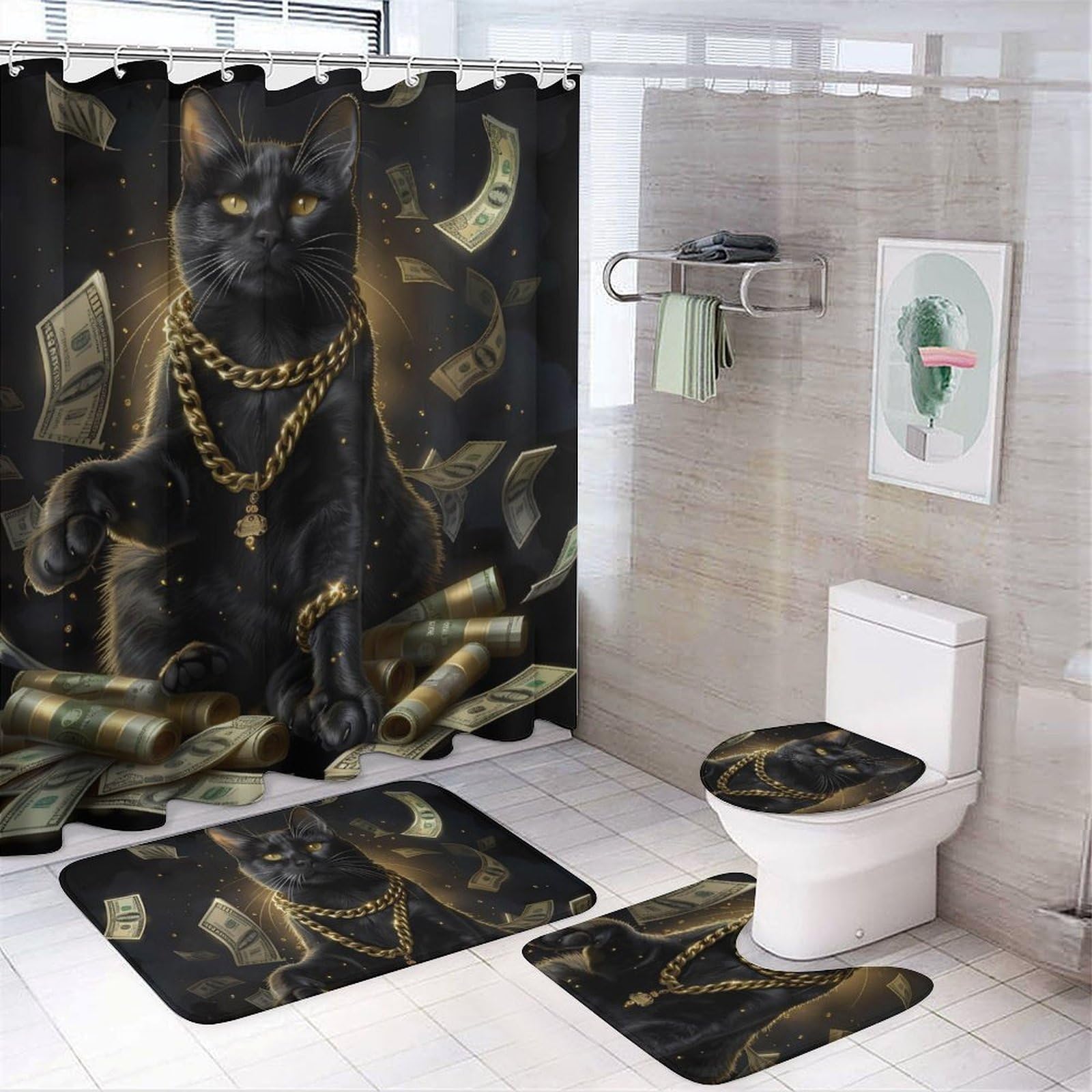 CGSBNGHA Funny Black-Luckcat Money Dollar Shower Curtain Set 4 Piece Bathroom Sets with Rugs Toilet Lid Cover And U-Shaped Floor Mat